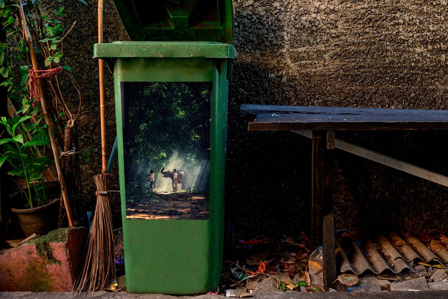 MuchoWow Wandsticker Elefant - Container, Wald Mülltonne, St), Kinder (1 Sticker, Abfalbehälter Mülleimer-aufkleber, 