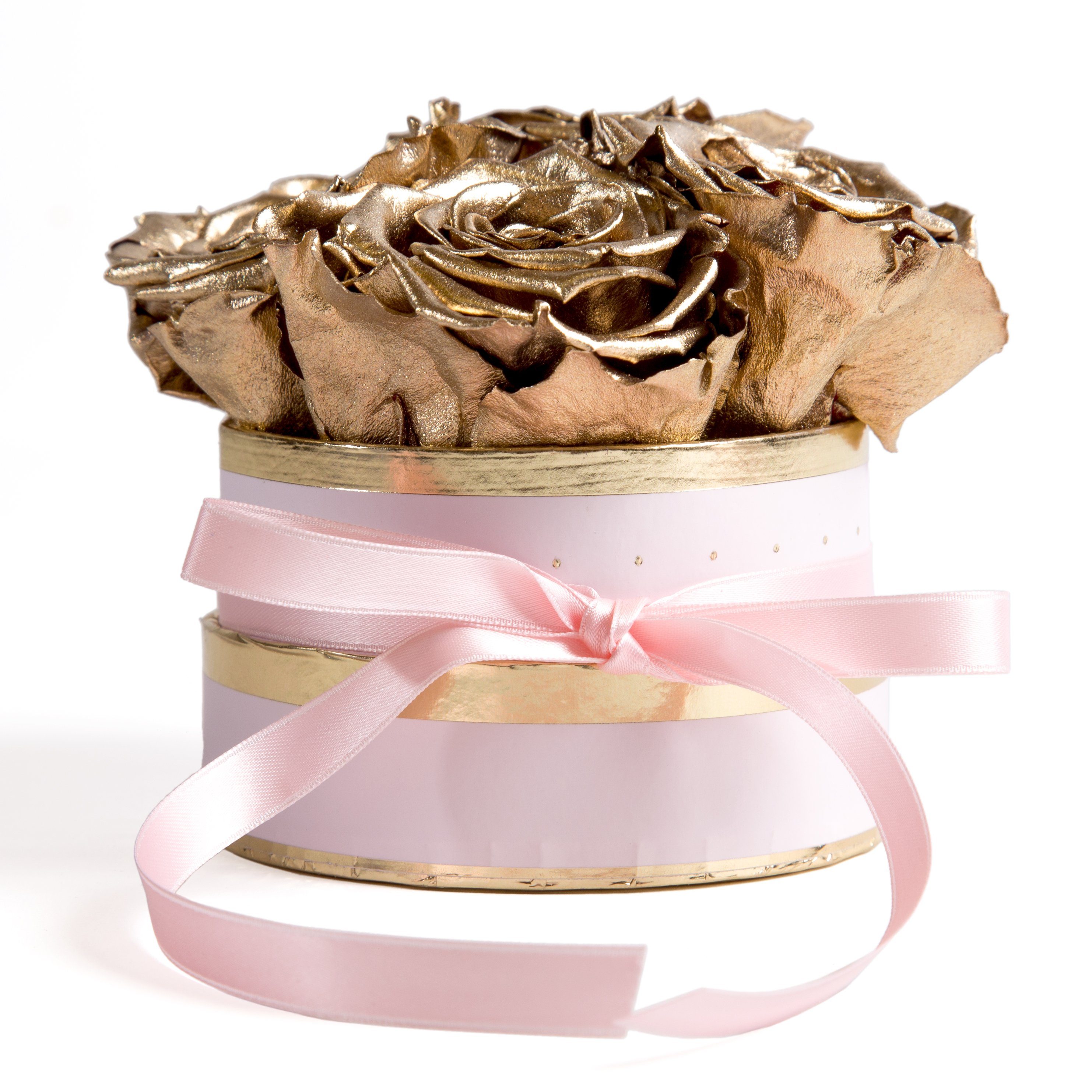 Kunstblume Infinity Rosenbox rosa rund 4 konservierte Rosen Geschenk für Frauen Rose, ROSEMARIE SCHULZ Heidelberg, Höhe 10 cm, echte konservierte Rosen Gold