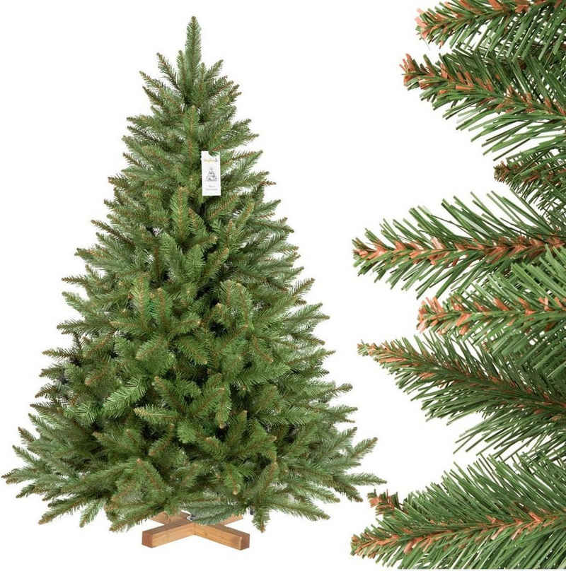Fairytrees Künstlicher Weihnachtsbaum Fichte Natur, mit grünem Stamm und Echtholz Baumständer