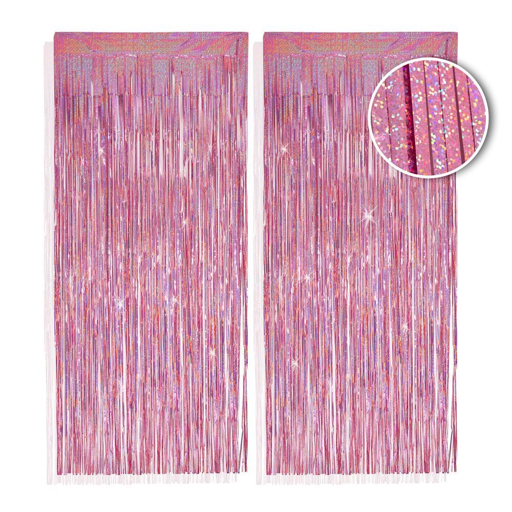 PHENO FLAGS Flagge 2 Stück Lametta Vorhang - Deko, Lametta Girlande für Ihre Party, Funkelnden Metallic-Look in rosa