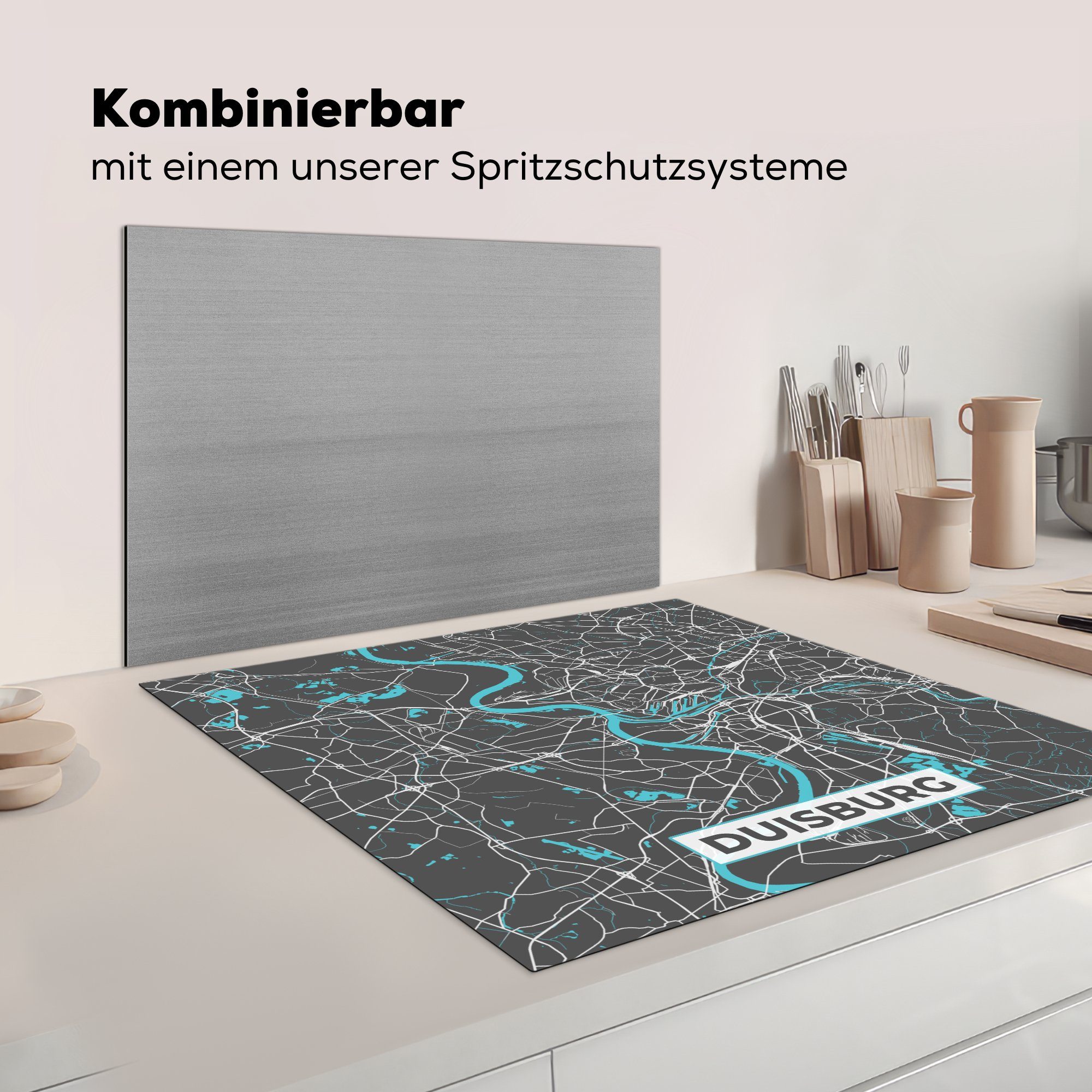 Ceranfeldabdeckung, Stadtplan Vinyl, Blau tlg), (1 cm, für Karte, 78x78 MuchoWow Arbeitsplatte - küche - Deutschland - Duisburg Herdblende-/Abdeckplatte -