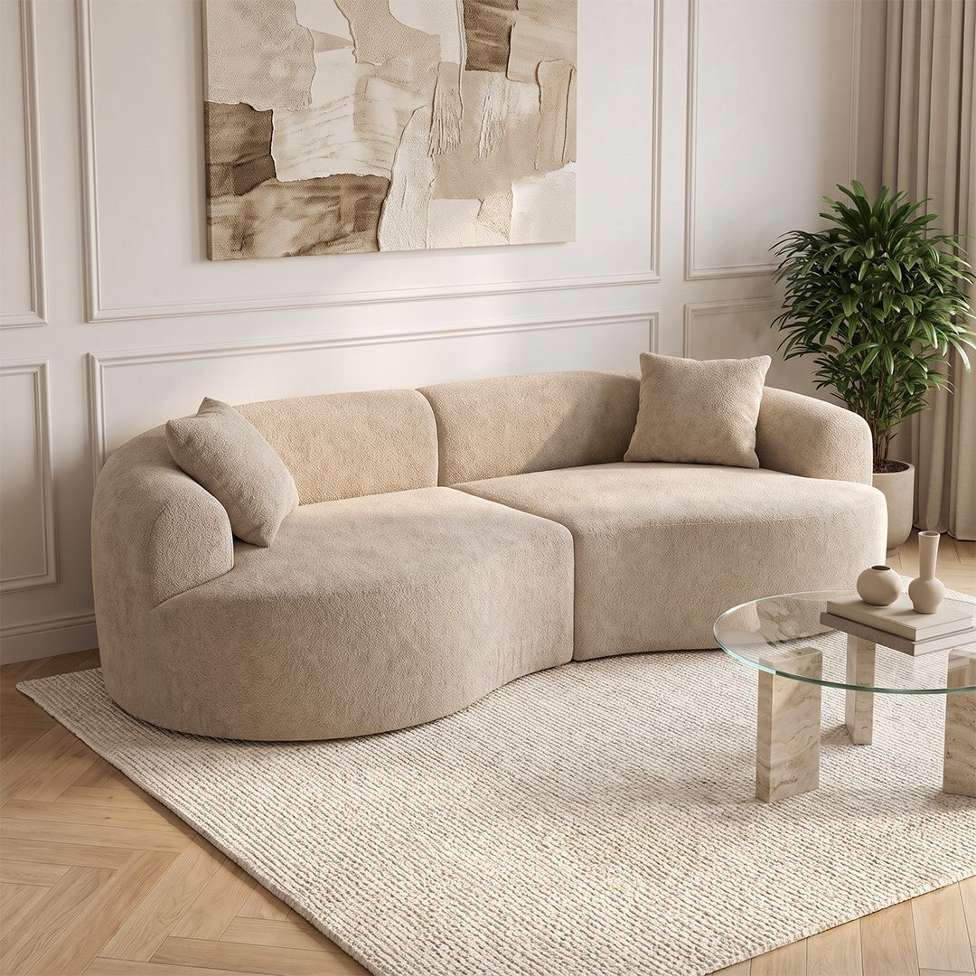 skølm Sofa Loki aus Teddy-Bouclé-Stoff, Vollschaumcouch mit Vakuum-Kompression, Beige, Couch 2 Sitzer mit 2 Kissen, kein Aufbau notwendig