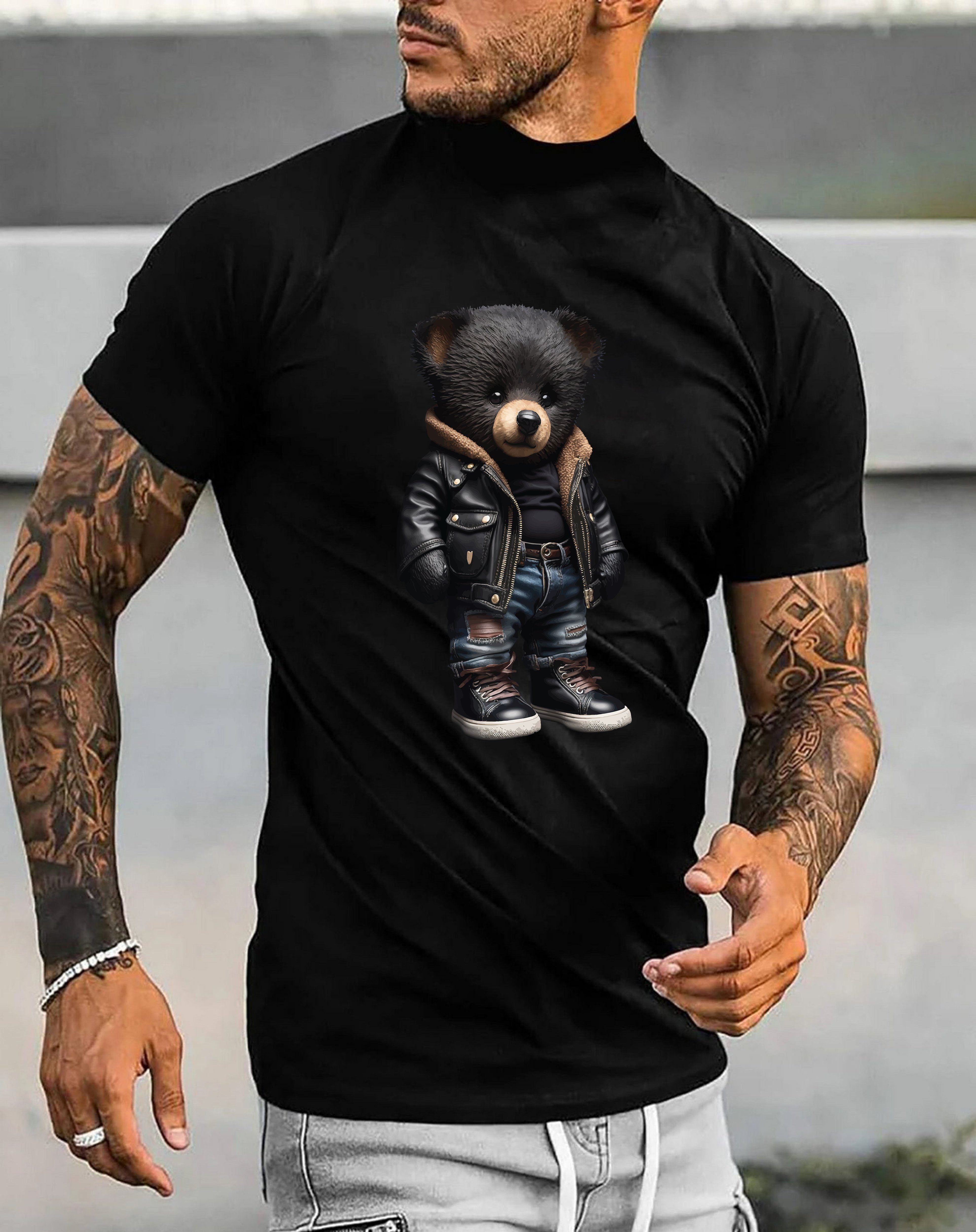 RMK T-Shirt RMK T-Shirt Herren T-Shirt Basic Rundhals mit Gangster Teddybär Bär in Unifarbe, mit lizenziertem Print, aus Baumwolle Schwarz