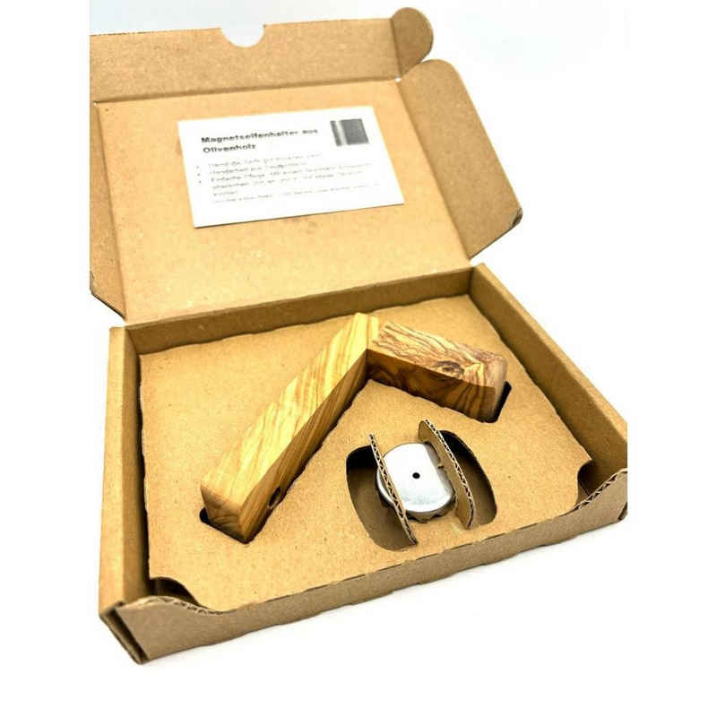 Olivenholz-erleben Seifenhalter Magnetseifenhalter aus Olivenholz in Geschenkverpackung "NATURE", 1-St., schöne Haptik, Befestigung ohne Bohren