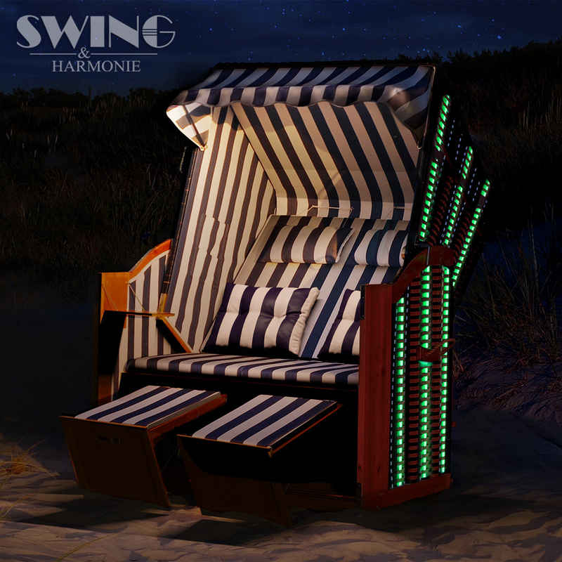 Swing&Harmonie Strandkorb XXL inkl. Abdeckcover Luxus mit 4 Kissen, Klapptische, Zeitungsfächer, Volllieger, Ostsee-Modell, mit LED Beleuchtung und Solarmodul