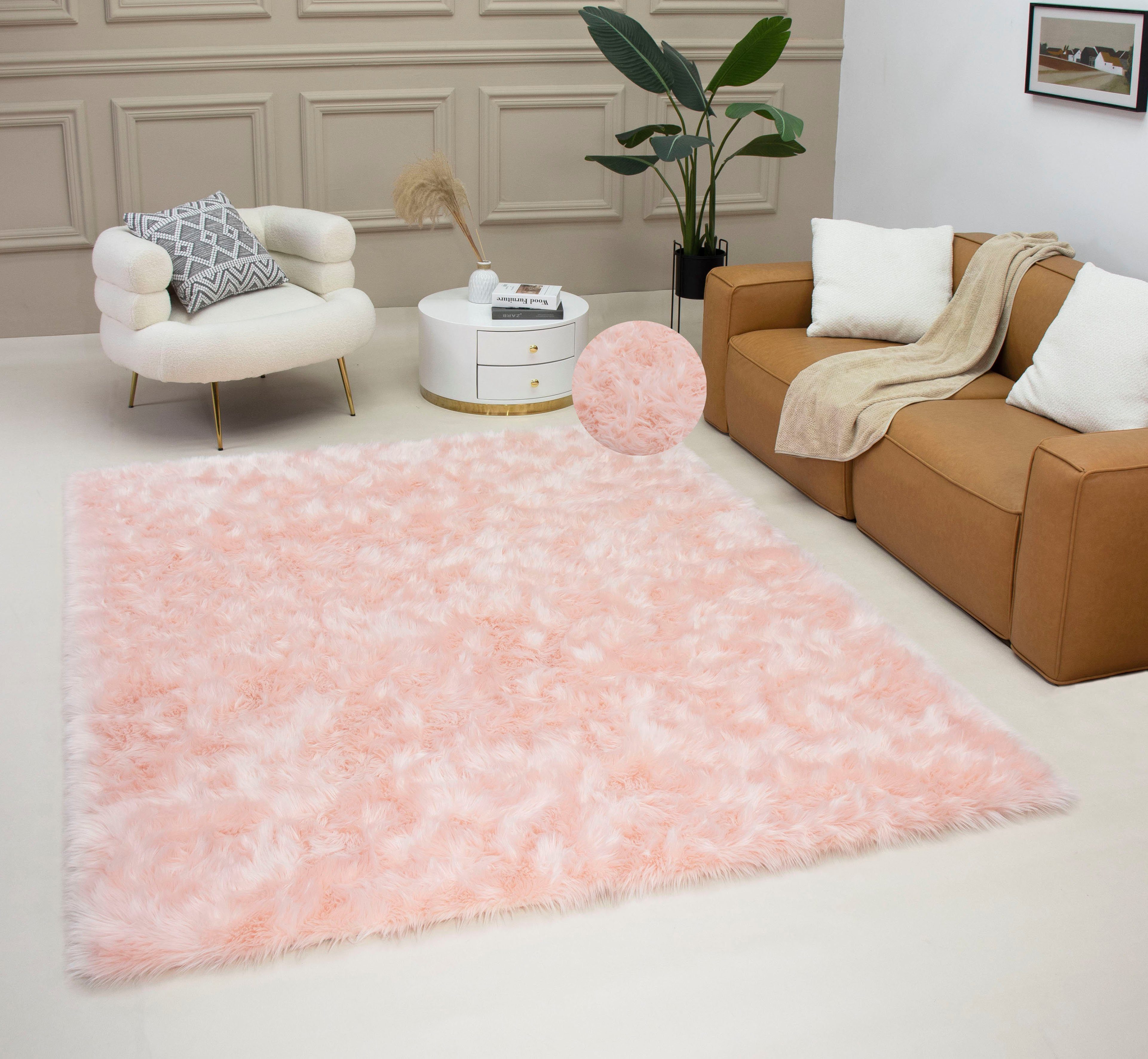 Hochflor-Teppich Dena Teppiche, Home affaire, Esszimmer rechteckig, Höhe: Uni-Farben, Schlafzimmer, mm, 60 pink Wohnzimmer, Kunstfell, weich