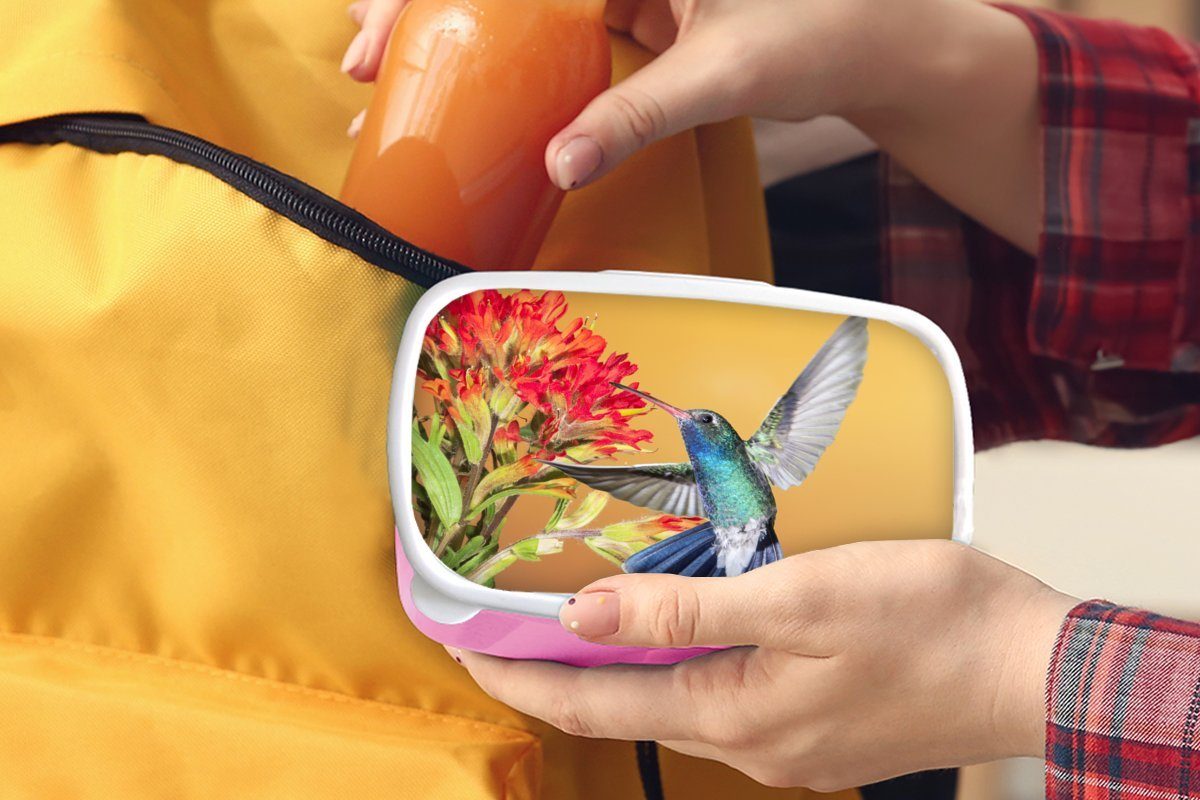 MuchoWow Lunchbox Vogel - Brotbox - Kunststoff, (2-tlg), Snackbox, Kunststoff für Kolibri Mädchen, rosa Kinder, Erwachsene, Brotdose Blumen