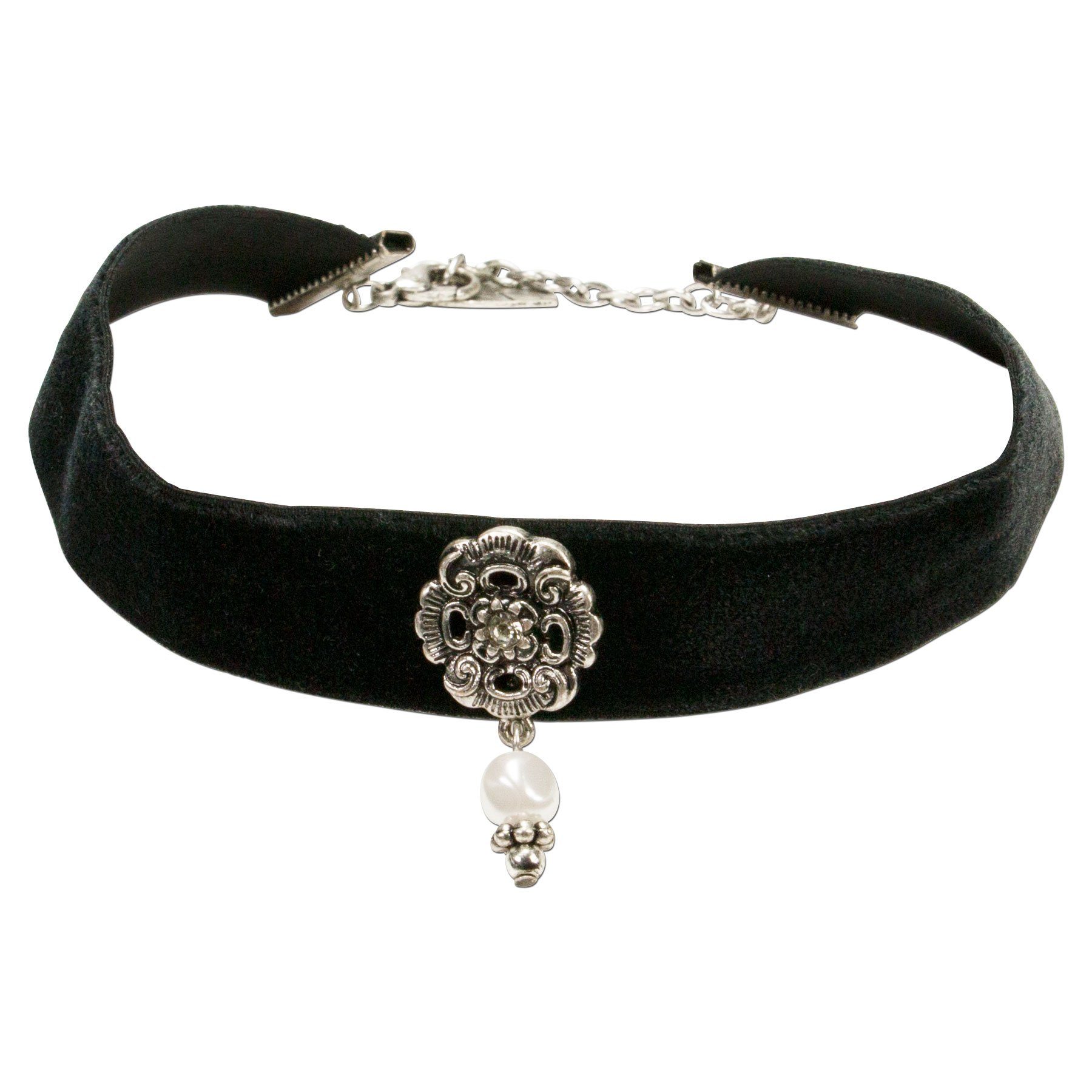 Alpenflüstern Choker Trachten-Samt-Kropfband Elfrida (schwarz), mit Ornament und Perle - nostalgische Trachtenkette enganliegend, Krop
