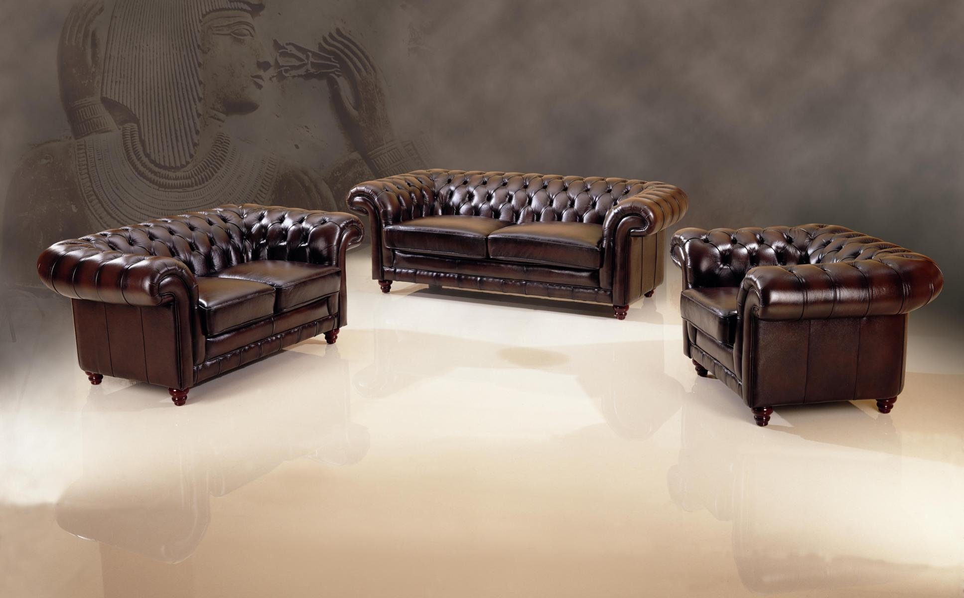 Salottini Polstergarnitur Chesterfield Glasgow Sofagarnitur Leder 3/1/1 Braun, (3-tlg)