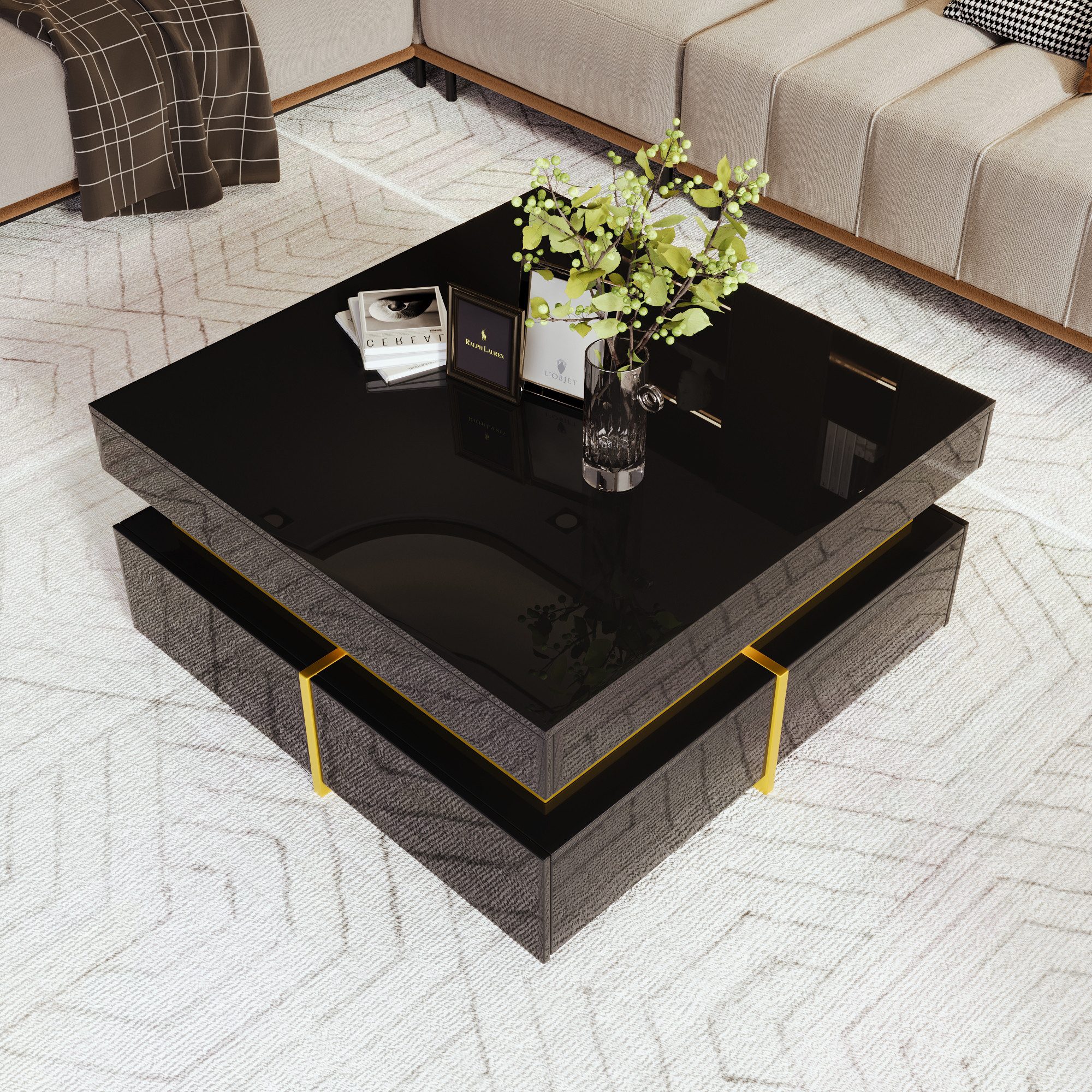 Furnishings Home Couchtisch Ablagetisch Stauraum Beistelltisch Breite 70 cm (Hochglänzender quadratischer, 70x70x35.5 cm), Wohnzimmertisch, mit 2 Schubladen und – Bild 5 von 5