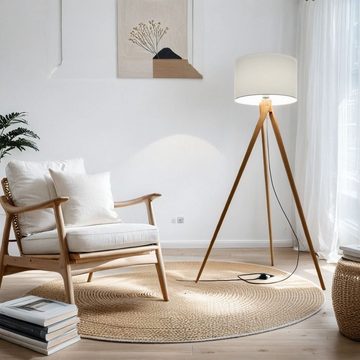 Licht-Erlebnisse Stehlampe GEGANIA, ohne Leuchtmittel, Stehleuchte Dreibein H:140 cm Holz Stoff Weiß Leselampe Wohnzimmer