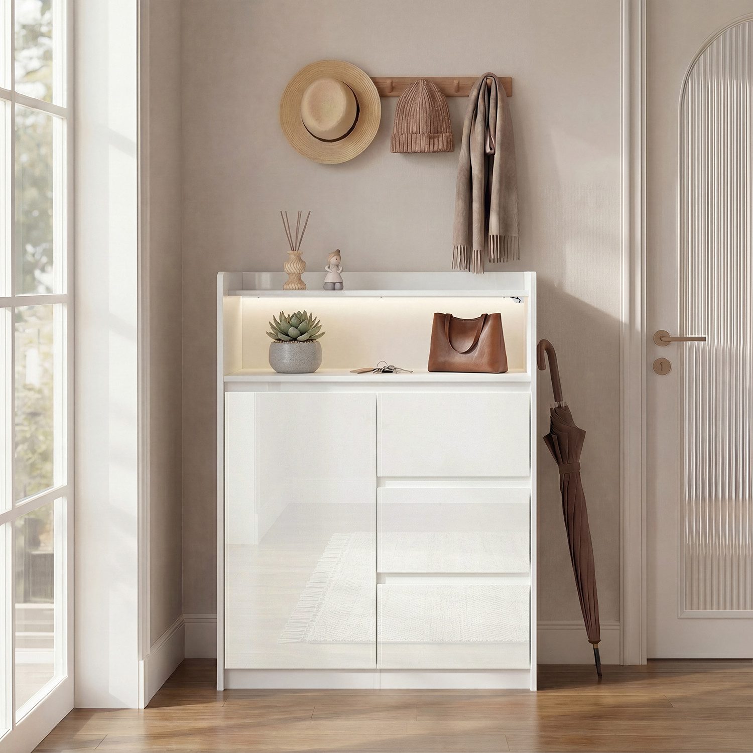 FUFU&GAGA Kommode Hochglanz Highboard mit 3 Schubladen, 110 cm hoch, mit LED-Beleuchtung