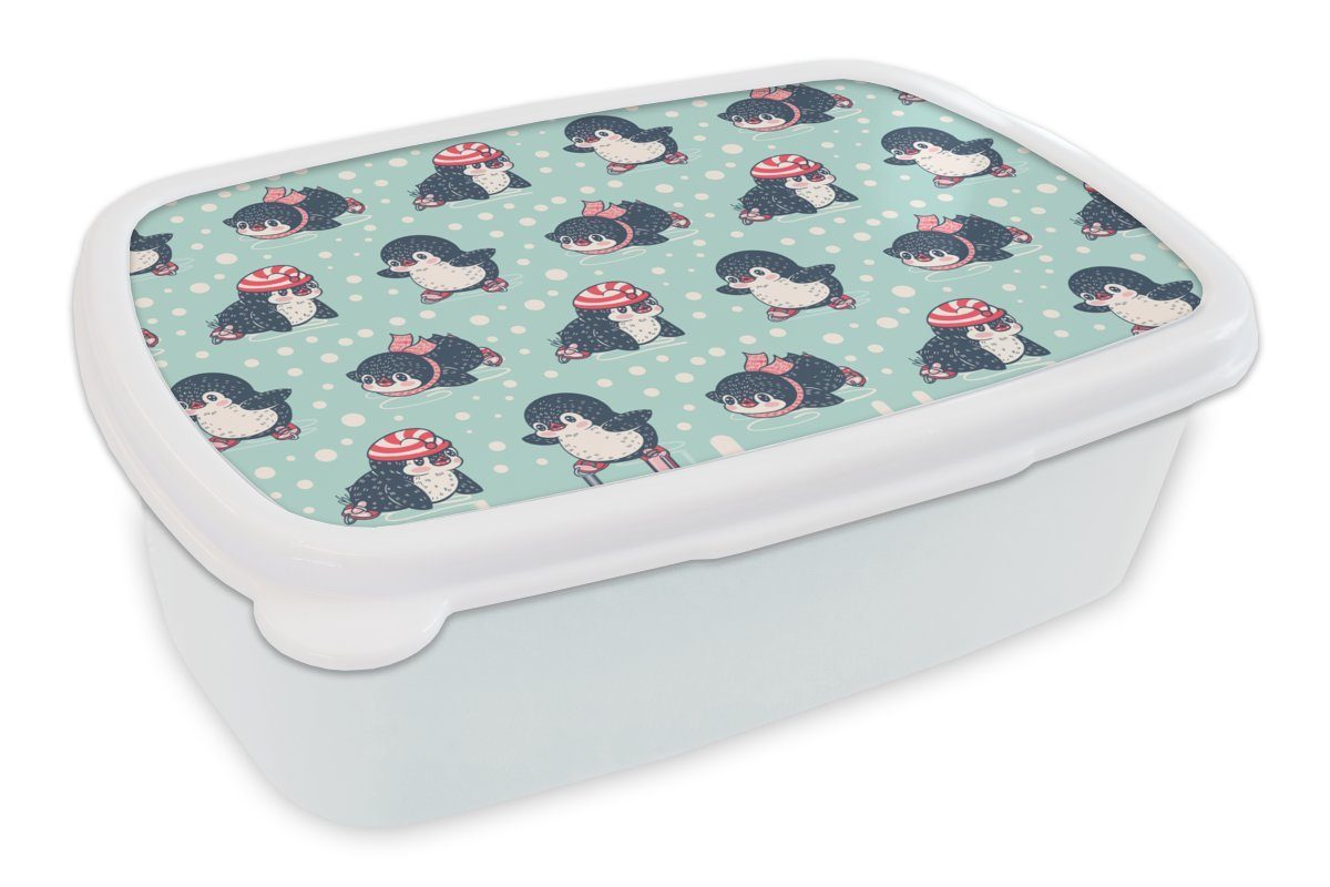 MuchoWow Lunchbox Pinguin - Schlittschuhe - Mütze - Kinder - Muster, Kunststoff, (2-tlg), Brotbox für Kinder und Erwachsene, Brotdose, für Jungs und Mädchen weiß