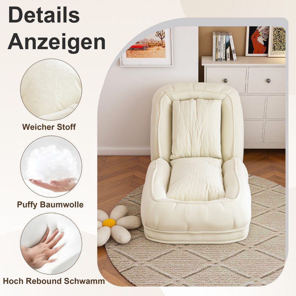 BBG Klappbett Klappbares Sofabett für Erwachsene, 5-fach verstellbare Relaxliege mit 2 Kissen, bequeme Bodenliege aus Cordstoff – Bild 4 von 5