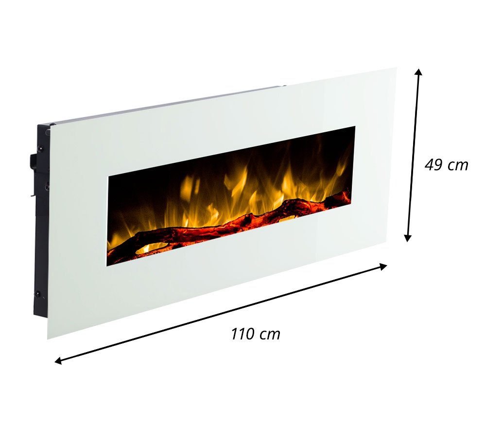 GLOW FIRE Elektrokamin Pluto (weiß) Wandkamin elektrisch mit Heizung, Elektrischer Kamin mit Fernbedienung, Timer, 3 Dekorationen, LED Feuer