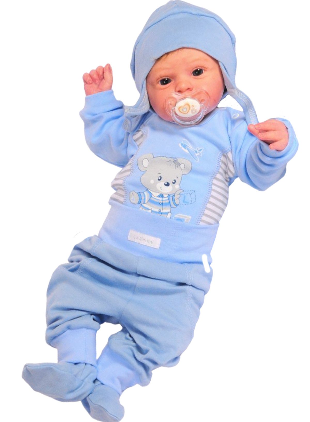 Body & Hose Langarmbody Schlupfhose Mütze in Blau gestreift mit Bär