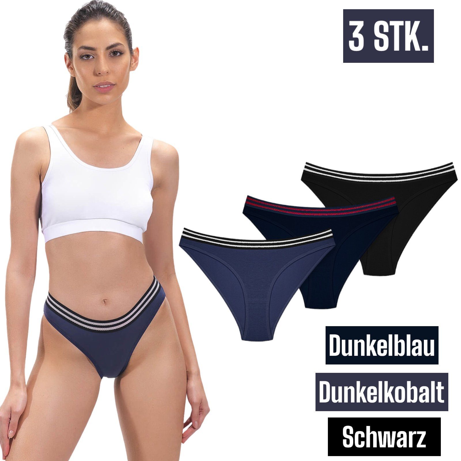 Bikini Basic mit Bund elastischem Pack Baumwolle Sport Damen Panty Cottonhill 3er Bikinislip