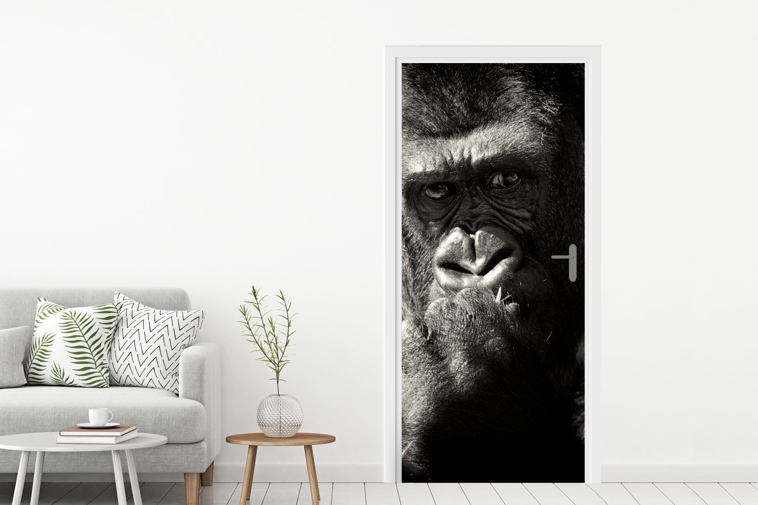 Tür, Türtapete St), Gorilla (1 Matt, MuchoWow in für cm Tierprofil und schwarz 75x205 weiß, Türaufkleber, Fototapete bedruckt,