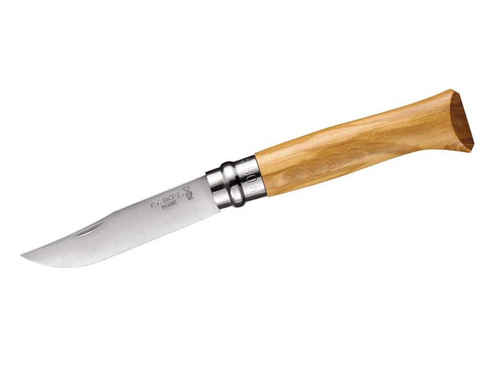 Opinel Taschenmesser Opinel Taschenmesser No 08, Olivenholzgriff, rostfrei, (Scharfe Klinge für präzise Schnitte, gute Schnitthaltigkeit), Vielseitiges Klappmesser für Outdoor, Camping, Garten