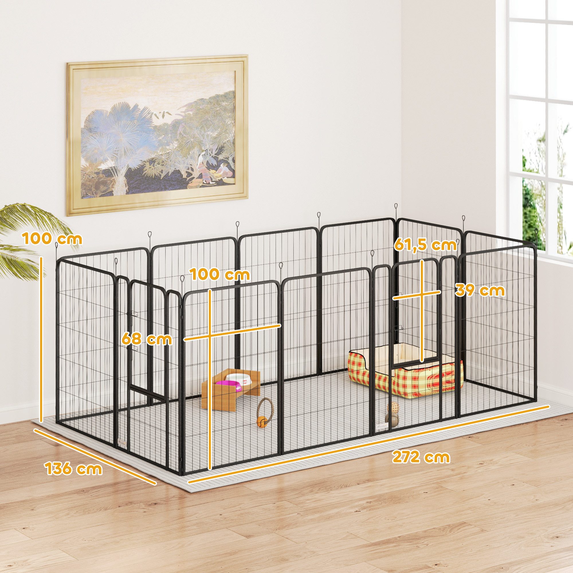 PawHut Freigehege 4-eckig, mit 12 Gitterplatten, Tür, flexibel, faltbar, 100cm hoch, drinnen, draußen, für Hund, Katze