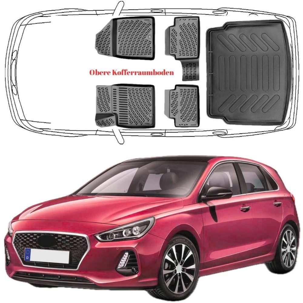 Trimak Passform-Fußmatten Oder Kofferraumwanne Oder Set Hundai i30, Hyundai i30 (PD) ab 2017 Schrägheck Gummimatten&Obere Kofferraummatte