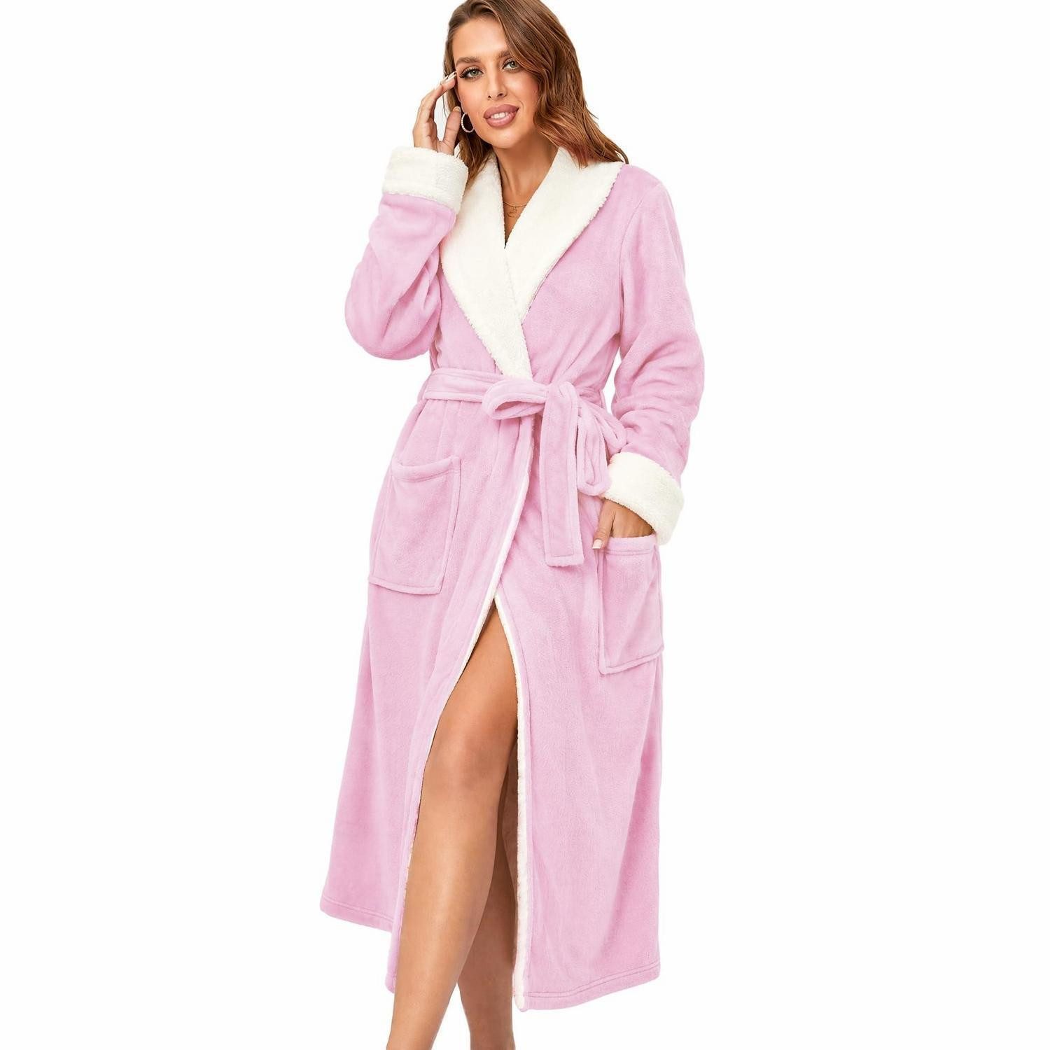 LuxusKollektion Morgenmantel Damen Bademantel Plüsch Rosa XL, Textil, Schalkragen