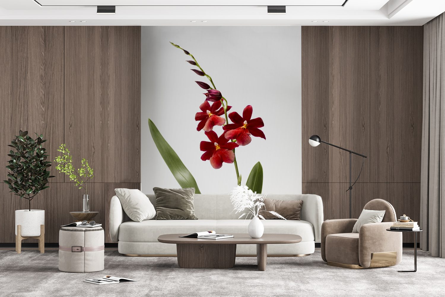 Hintergrund, Wandtapete bedruckt, Tapete Fototapete St), Matt, Montagefertig für mit weißem Orchidee Vinyl Blättern auf MuchoWow (4 Wohnzimmer, Rote