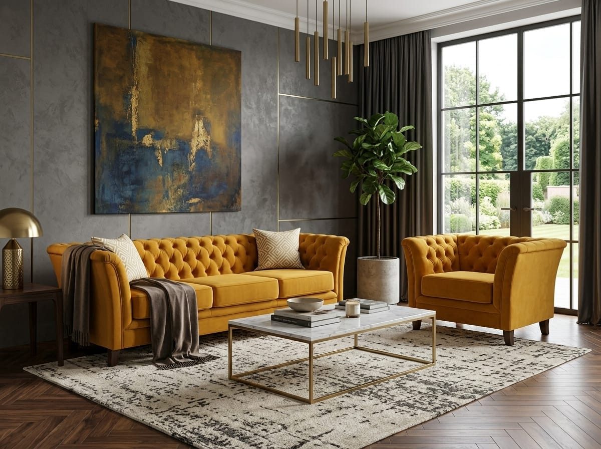 JVmoebel Chesterfield-Sofa Dunkelgelbes Chesterfield Sofa 3+1-Sitzer mit Sessel, 2 Teile, Made in Europa