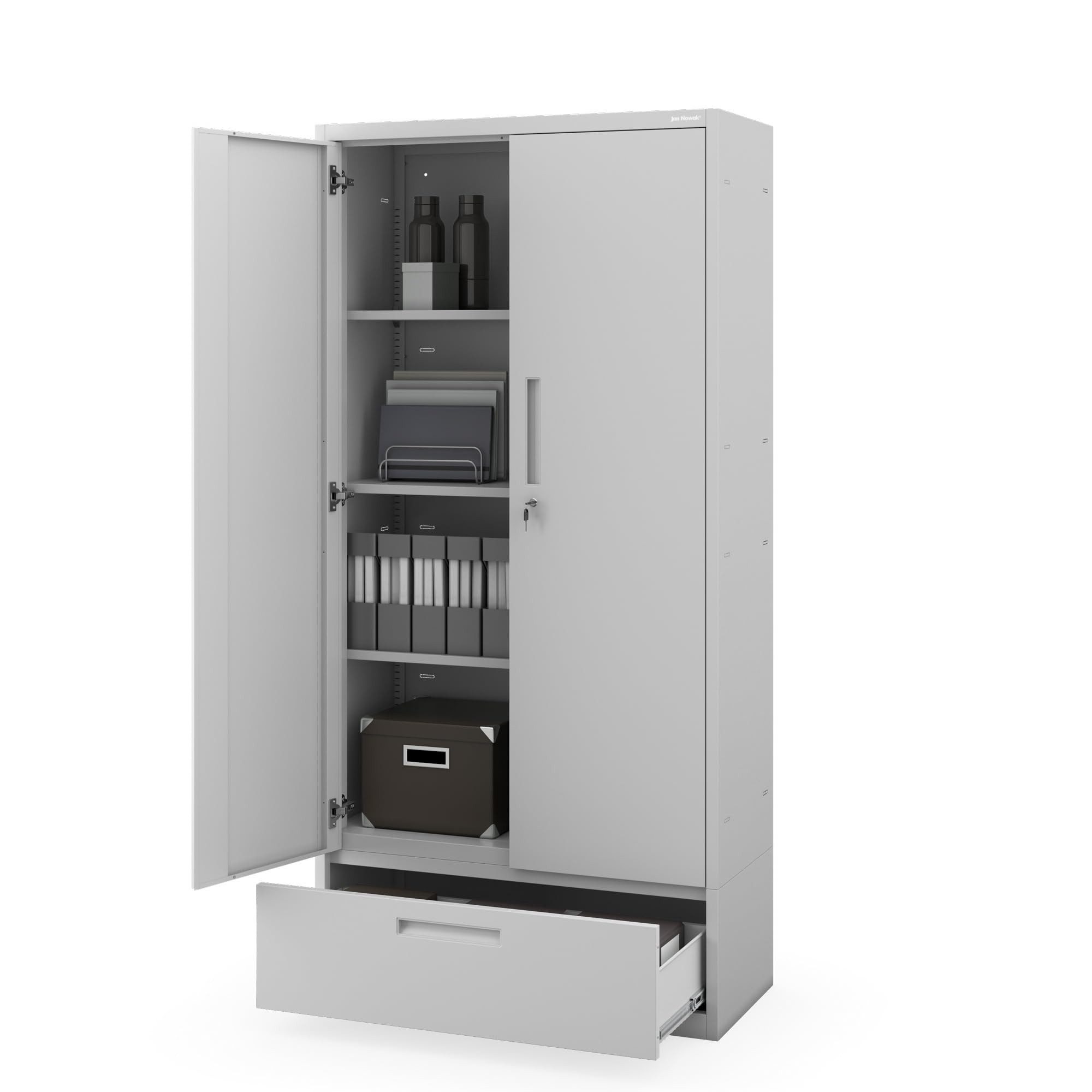 Jan Nowak Aktenschrank Metall Büroschrank 90 cm MEGAN 1 Schublade 30 cm abschließbar (0,6 mm Wandmontage möglich PZH-zertifiziert) Stahl 4 Böden Schloss 2 Schlüssel robust 4 Farben 185 cm