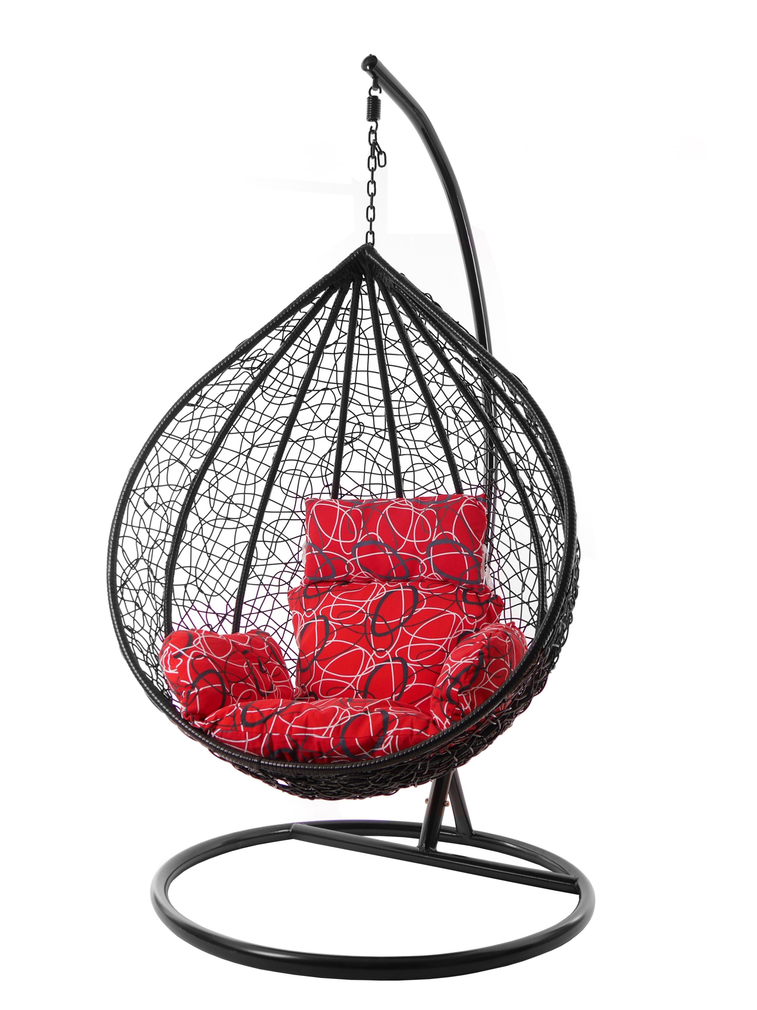 KIDEO Hängesessel Hängesessel MANACOR schwarz, XXL Swing Chair, Hängesessel mit Gestell und Kissen, Nest-Kissen rot gemustert (3088 red frizzy)