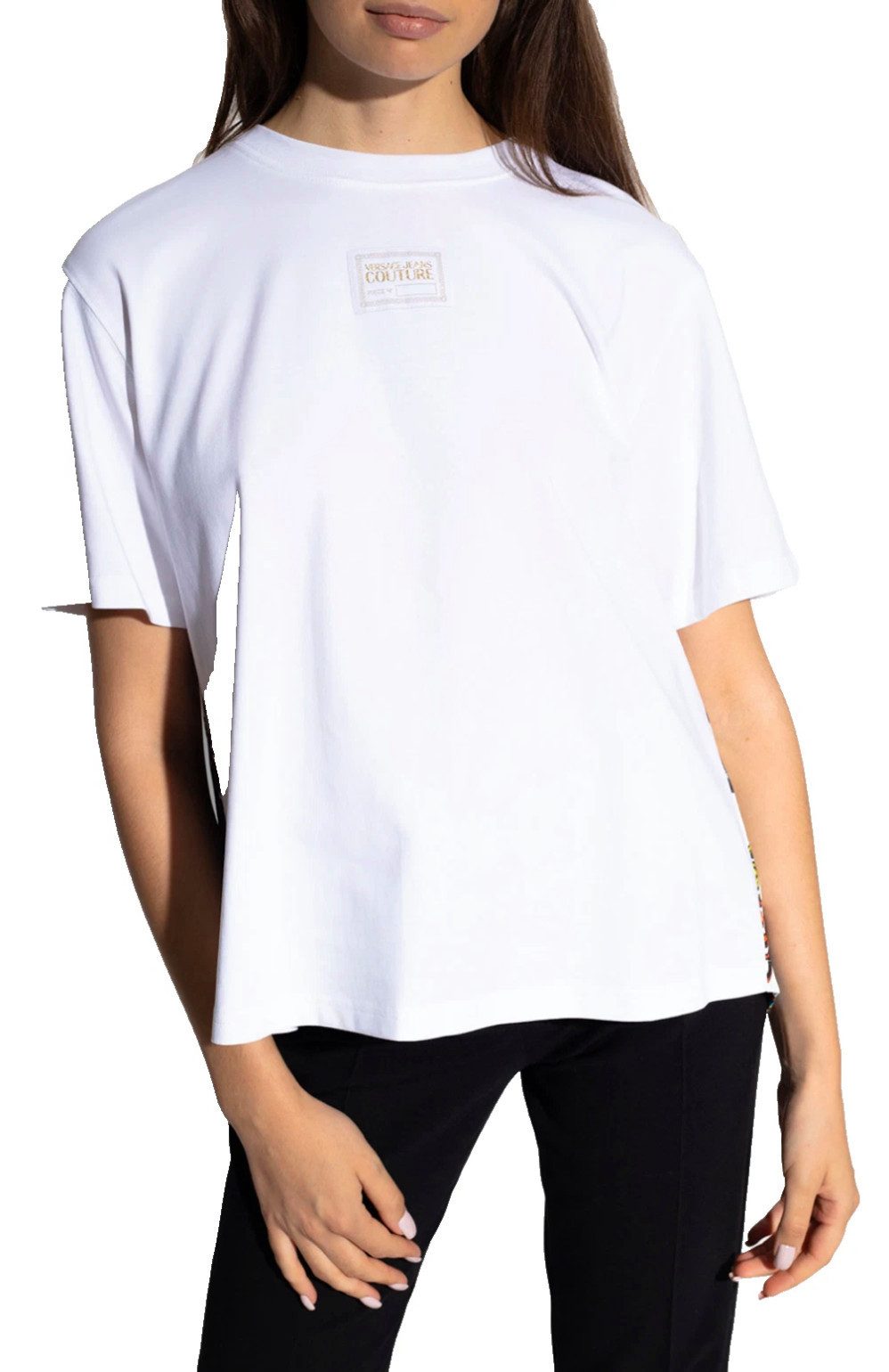 Versace T-Shirt Damen Bluse Barock Plissee Loose Fit Shirt Plissee-Verarbeitung mit Mehrfarbiges Barockmuster