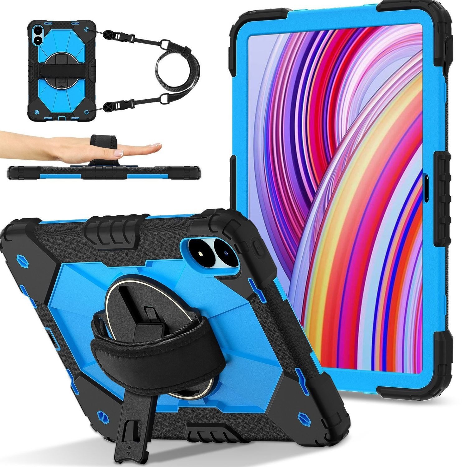 Wigento Tablet-Hülle Für Xiaomi Redmi Pad Pro 12.1 Robot Design Silikon Hybrid Hülle Blau, Hybrid Schutzhülle Smart Case Cover mit Schultergurt