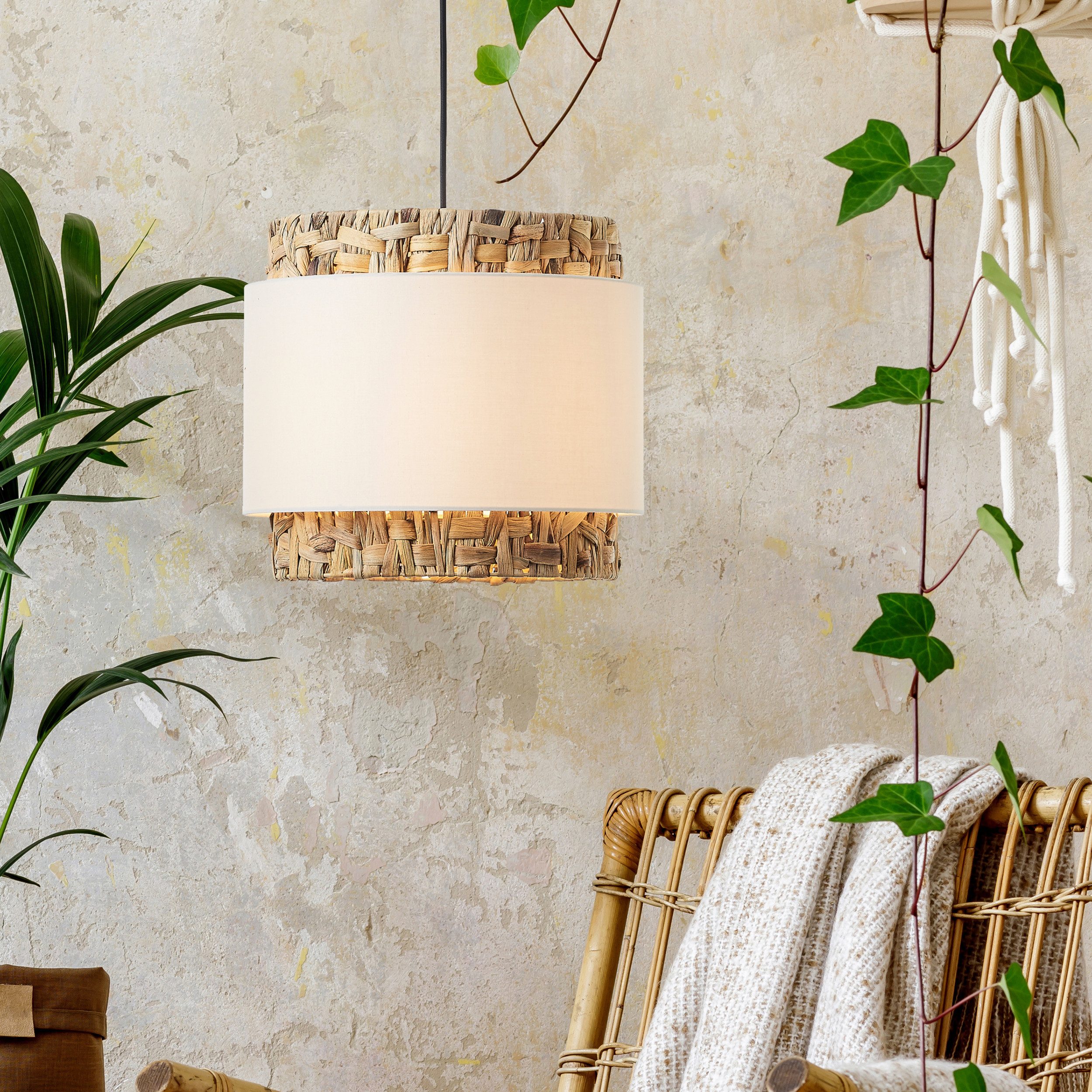 Lightbox Pendelleuchte, ohne Leuchtmittel, kürzbare Hängelampe mit Wasserhyazinthe / Stoff Schirm, Ø 25cm