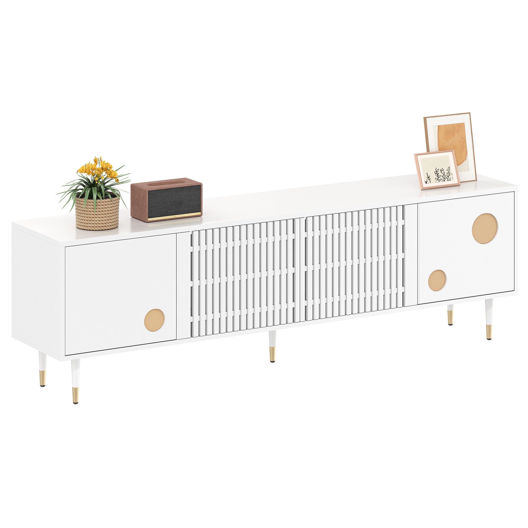 Merax Lowboard mit Goldakzenten (1 St., 170 L x 36 B x 54 H(cm), TV-Schrank mit 4 Türen,Kippschutz,Stauraum & verstellbare Metallfüße
