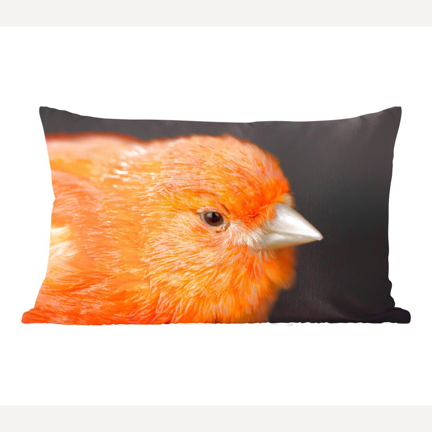 MuchoWow Dekokissen Nahaufnahme orange Kanarienvogel auf schwarzem Hintergrund, Wohzimmer Dekoration, Zierkissen, Dekokissen mit Füllung, Schlafzimmer