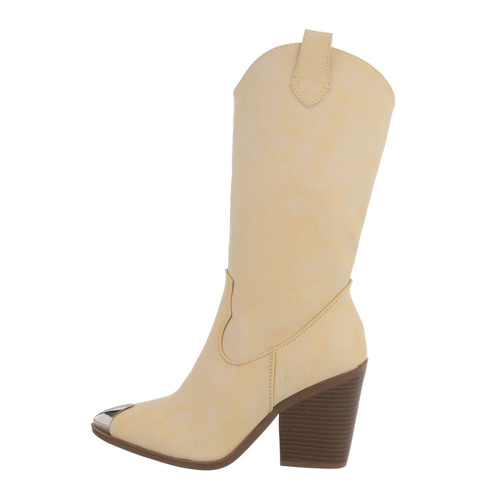 Ital-Design Damen Cowboyboots Western Westernstiefel Blockabsatz High-Heel Stiefel in Beige