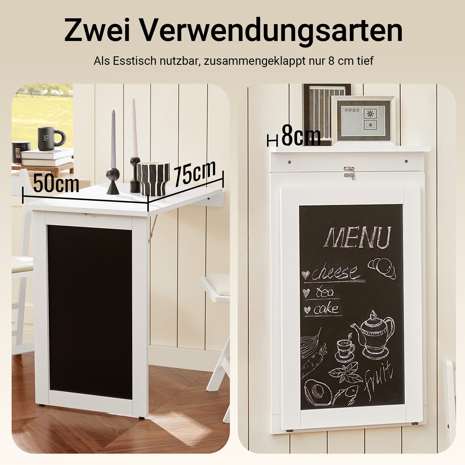 SoBuy Klapptisch FWT20, Wandklapptisch mit Drop-Leaf, Platzsparender Klapptisch, Wandtisch mit Tafel Esstisch Küchentisch Memoboard