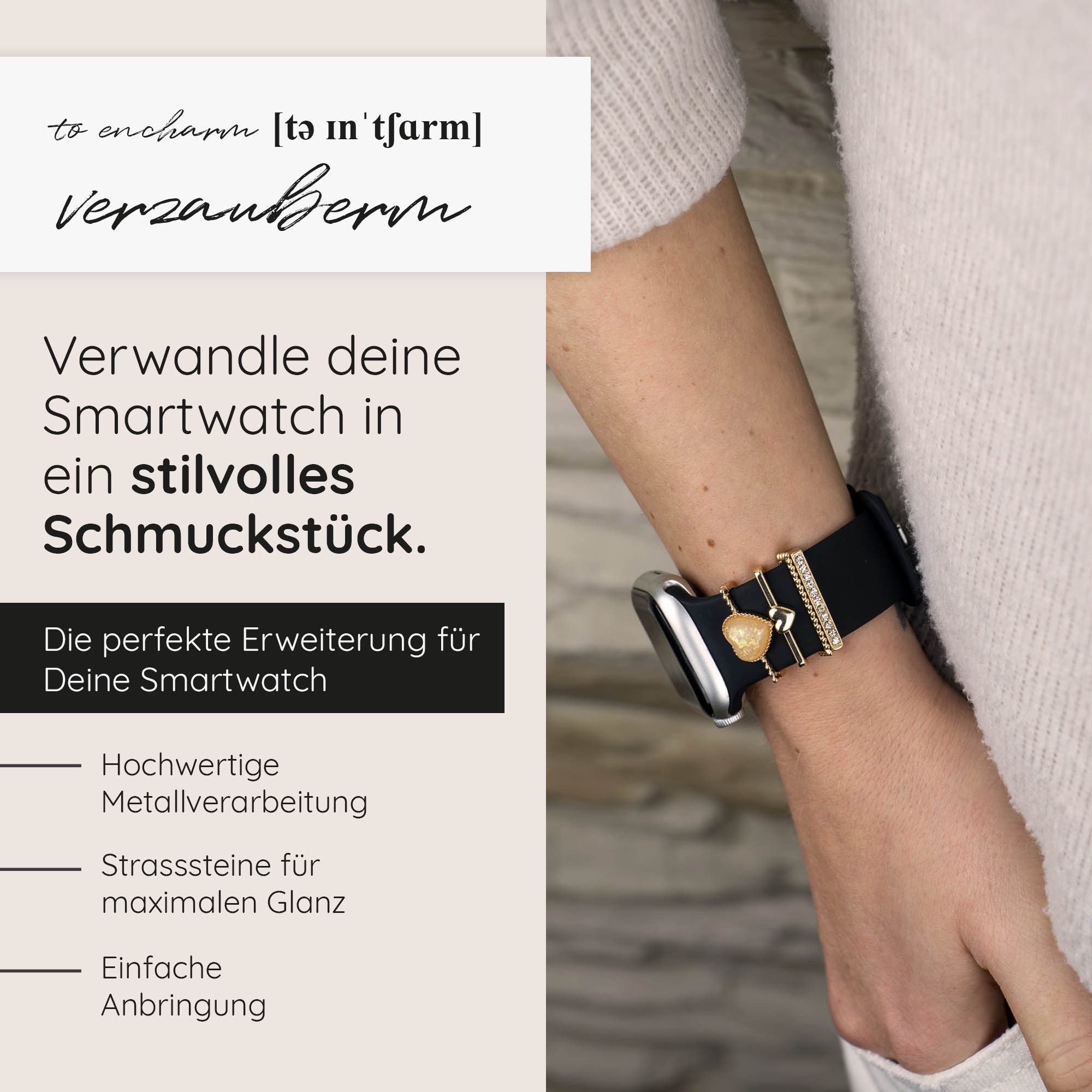 EAZY CASE Smartwatch-Armband Apple Watch Charms Set 38/40/41mm & 42/44/45/49mm, Uhrenarmband Charms Herzstein Glitzer Gold – Bild 2 von 5