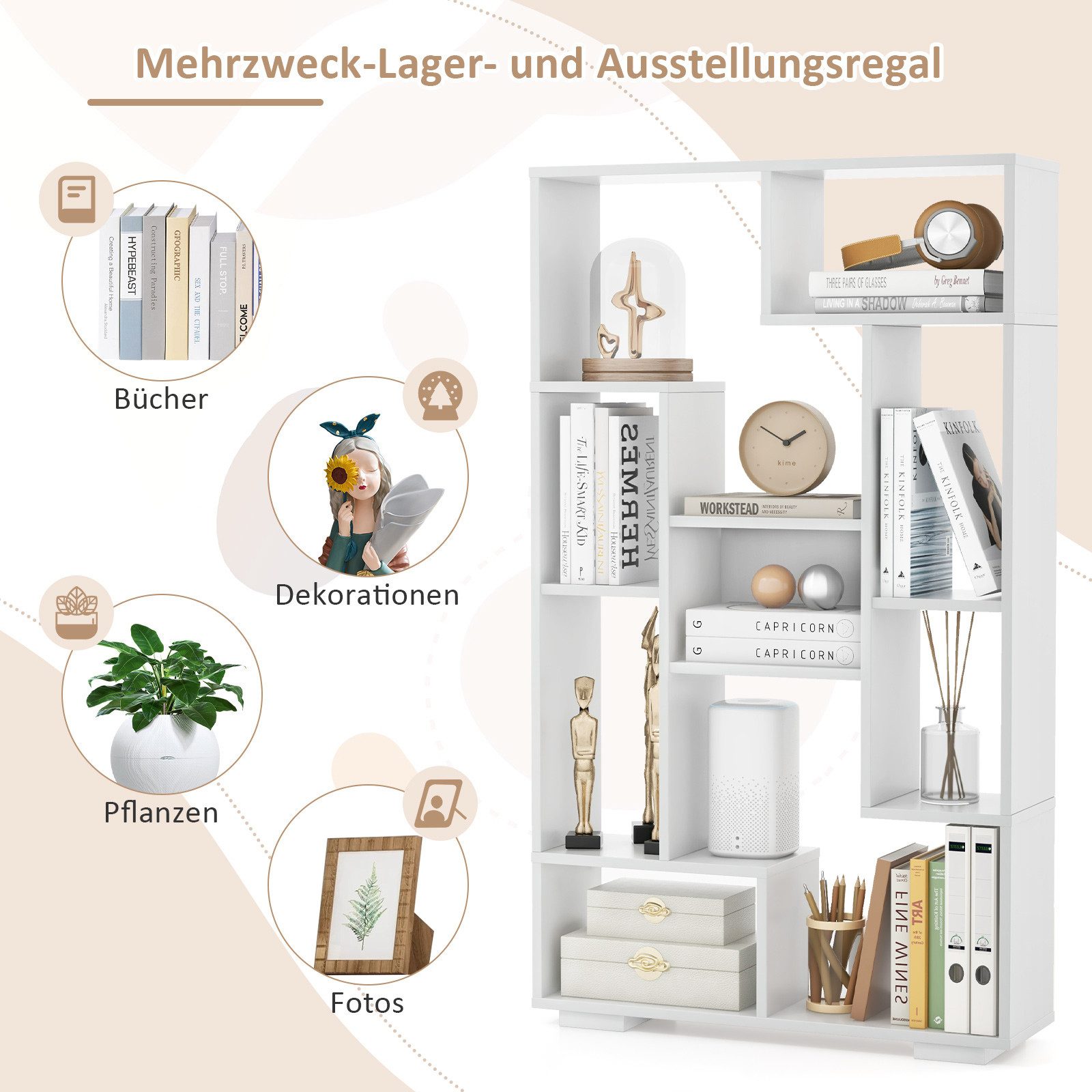 COSTWAY Bücherregal, Holz mit 9 Fächern, Raumteiler geometrisch, 70x20x120cm