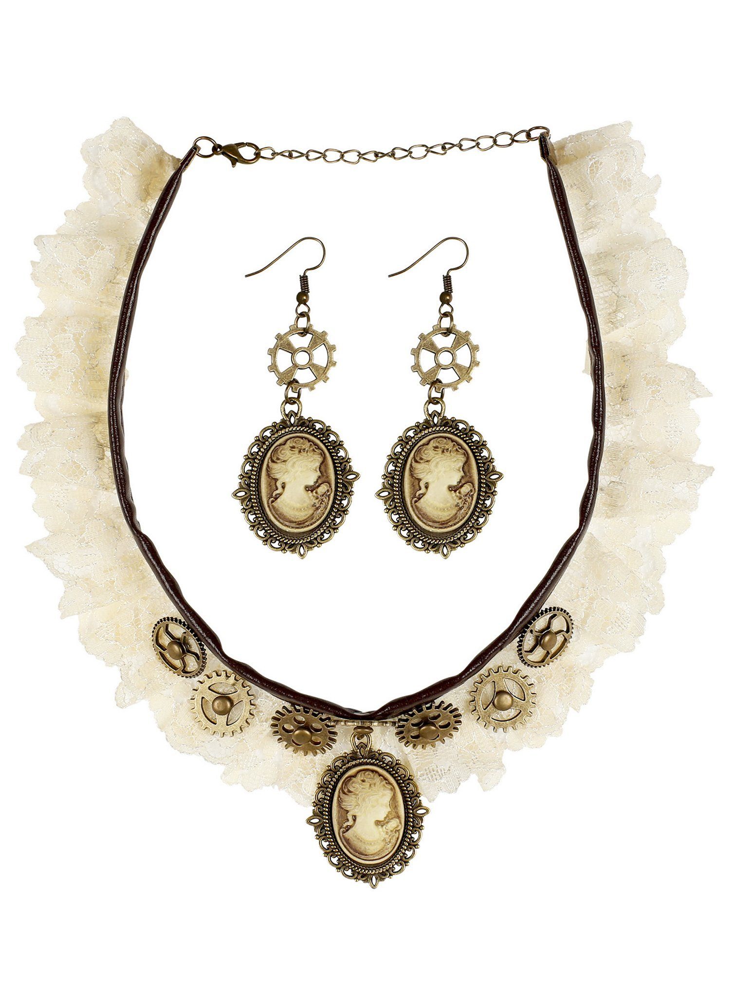 Widdmann Ohrring und Ketten Set Steampunk Accessoire-Set, Elegantes Schmuckset mit Spitzenbesatz