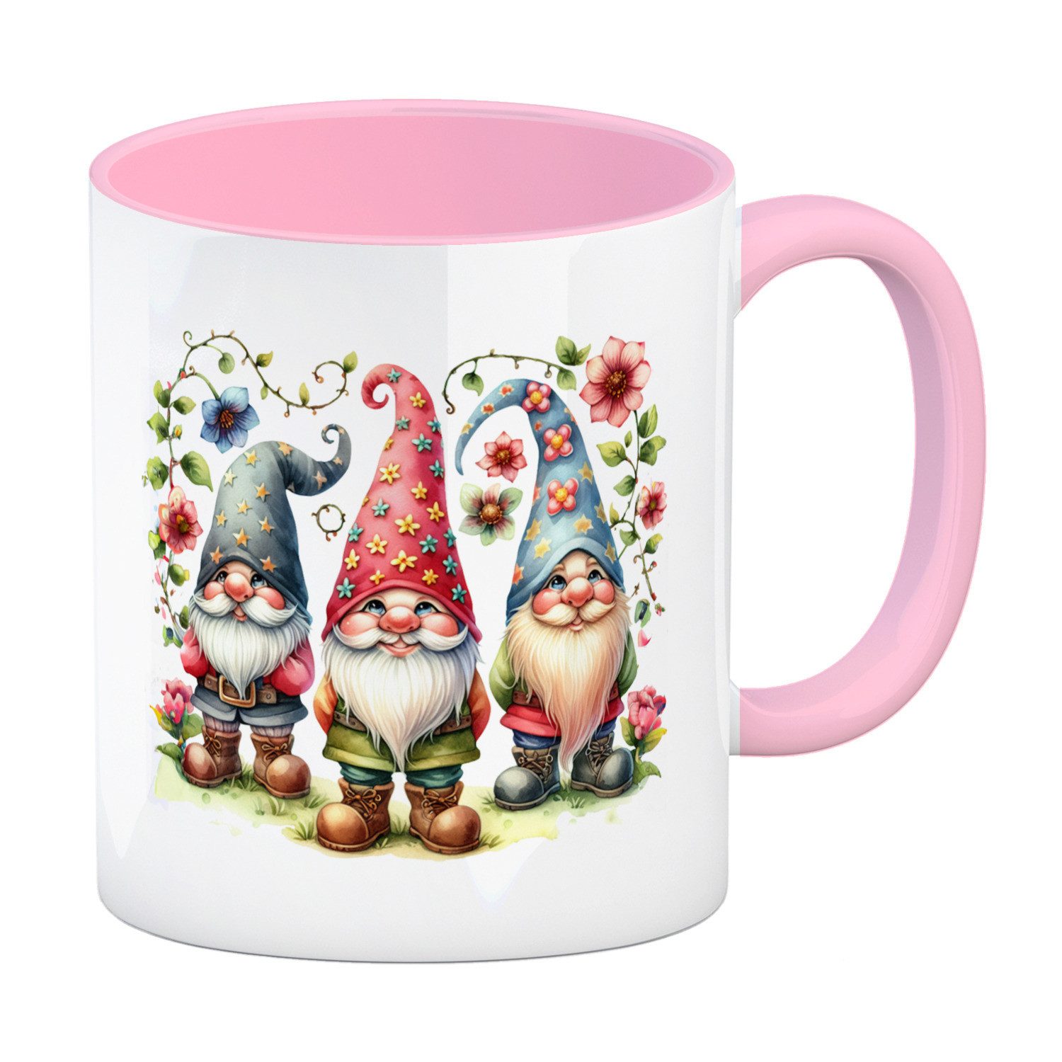 Tasse Gartenzwerge mit Blumen Kaffeebecher in rosa