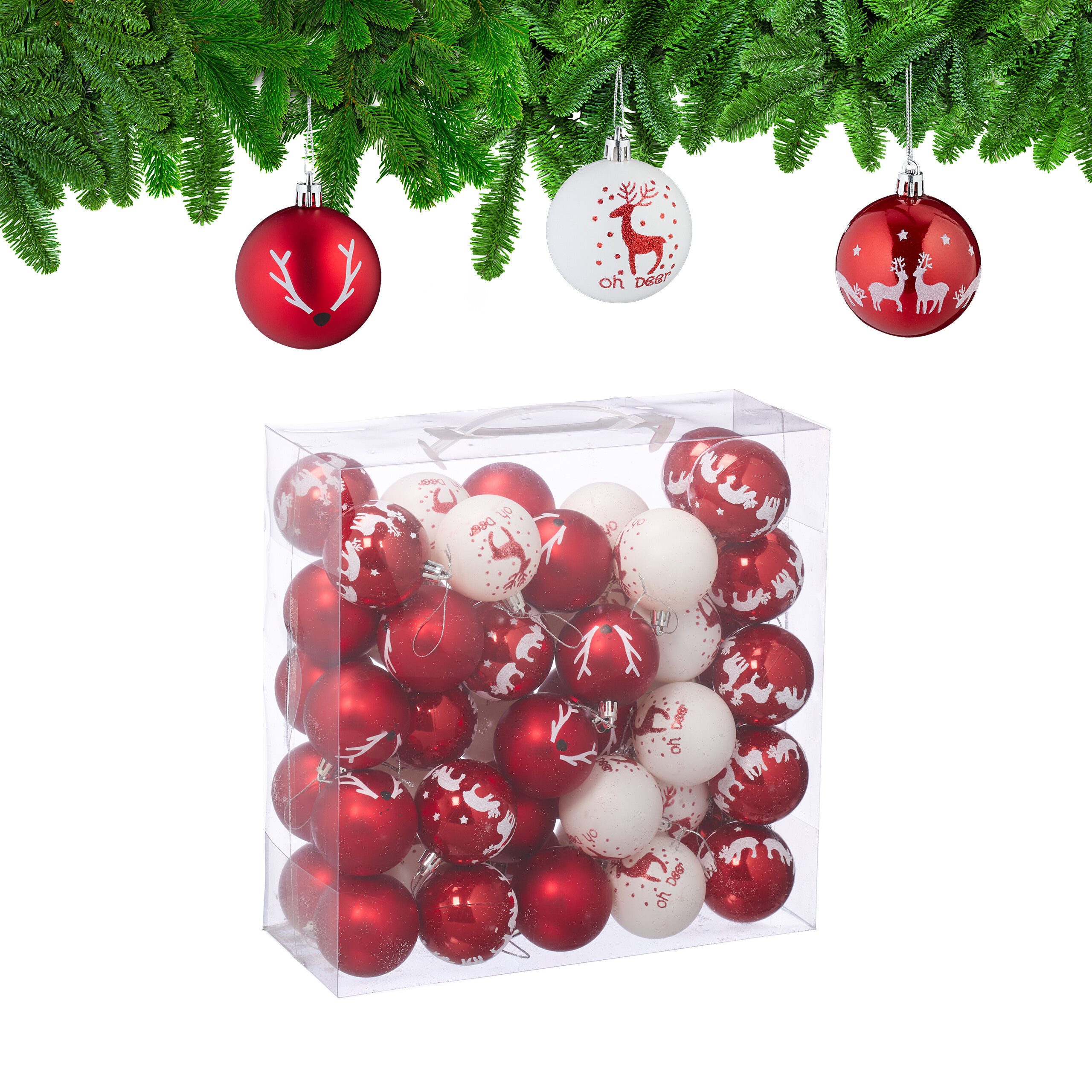 relaxdays Weihnachtsbaumkugel Weihnachtskugeln Rentier 50er Set (50 St), Weiß-Rot von RELAXDAYS