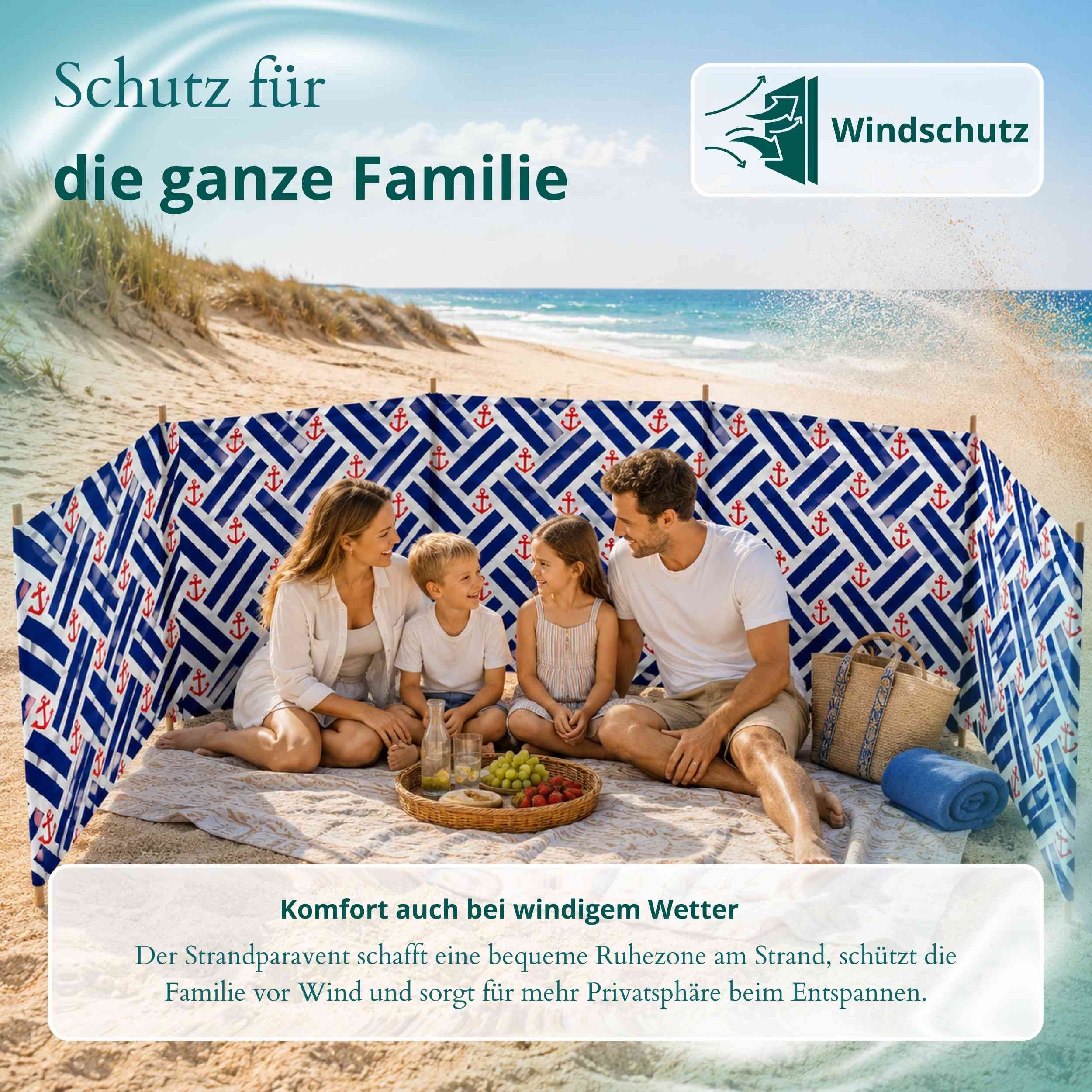 Lantigo Windschutz Sichtschutz Sonnenschutz Strandparavent aus Mikrofaser – portabel, (Anker, Länge: 4 m), - Faltbarer Sonnenschutz für Strand, Camping & Garten – Bild 4 von 5