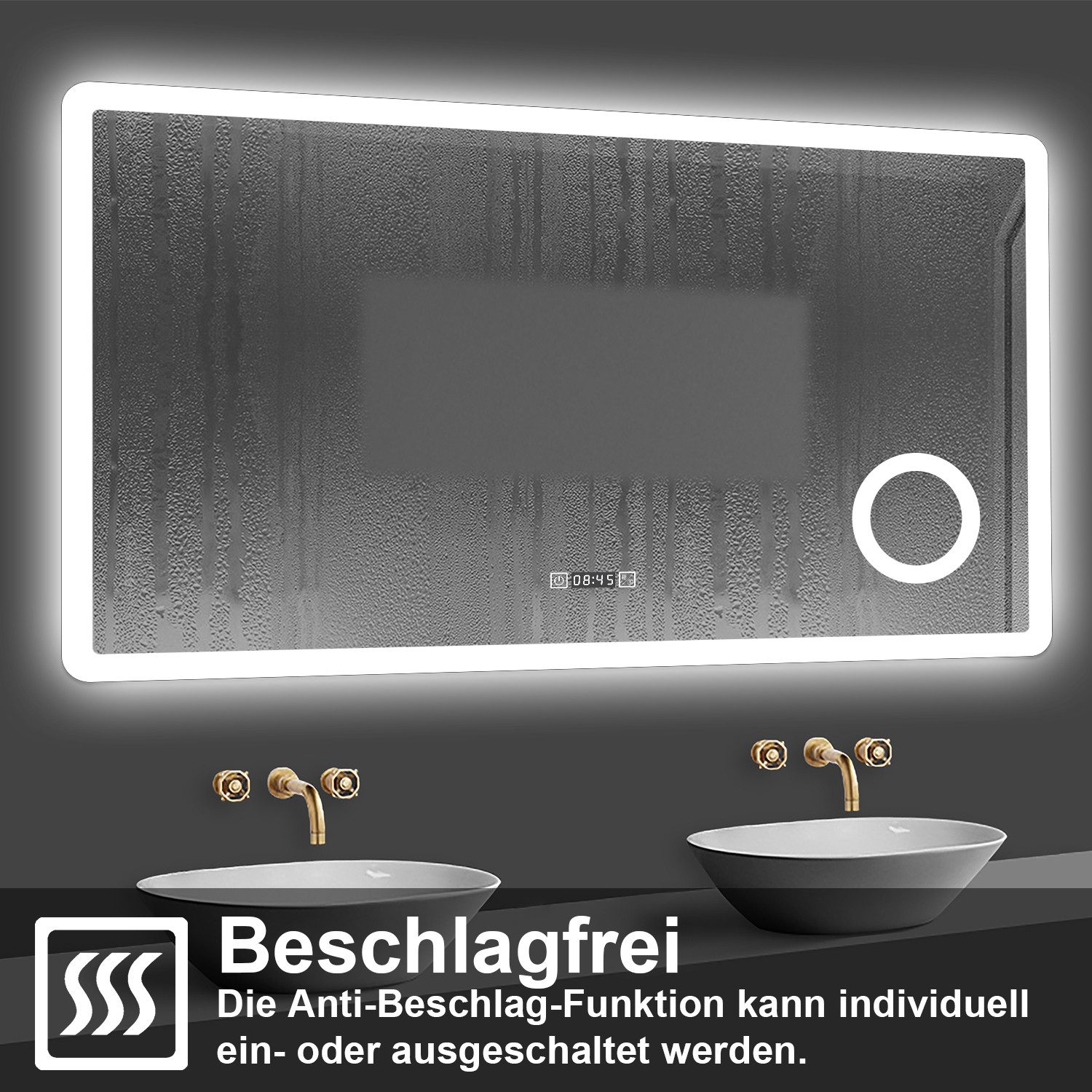 duschspa Badspiegel 80-160cm 3 Lichtfarbe, Uhr, Beschlagfrei, 3-Fach Schminkspiegel, dimmbar