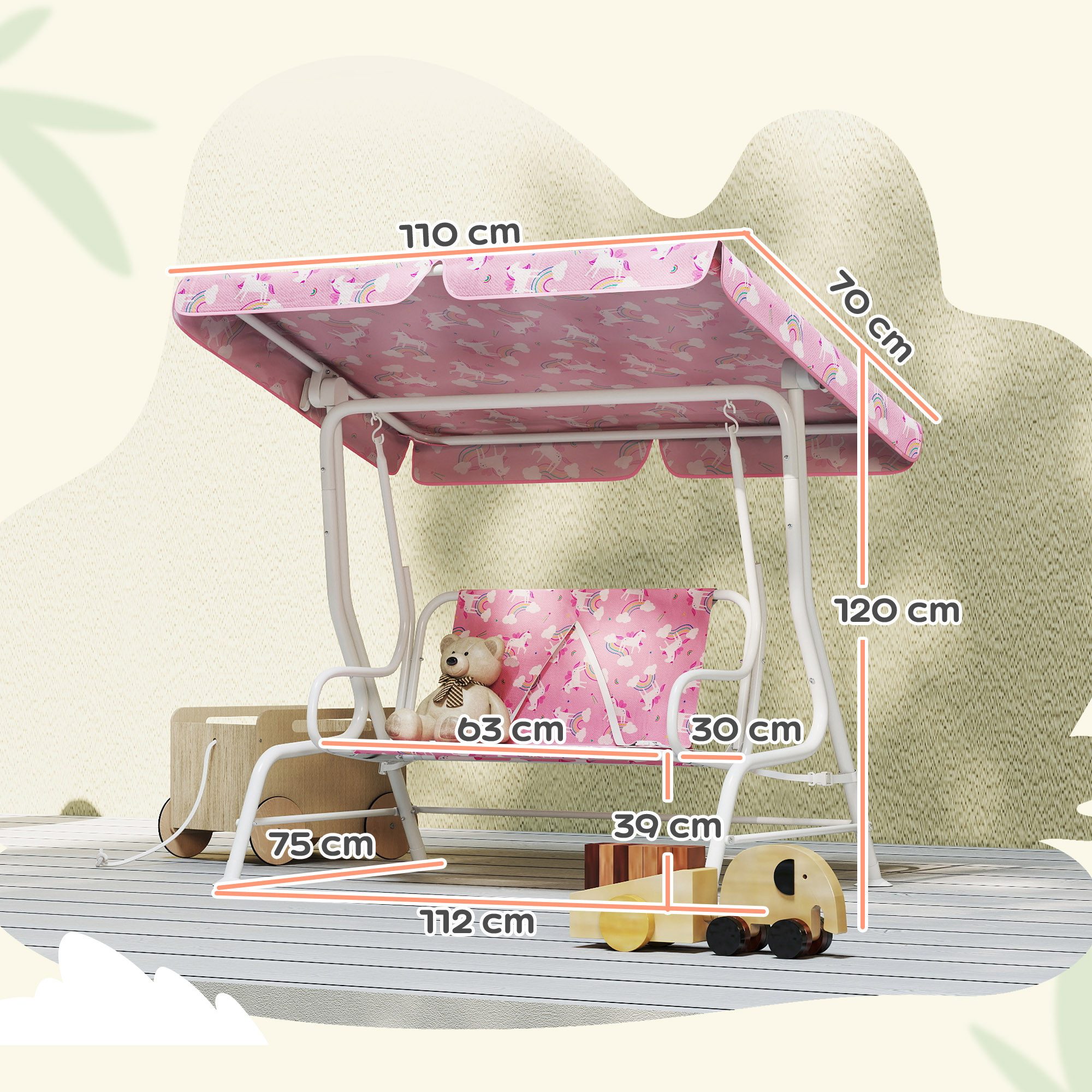 AIYAPLAY Hollywoodschaukel mit verstellbarem Sonnendach, Sicherheitsgurten, 2-Sitzer, Schaukelfunktion, Gartenschaukel, 1 tlg., 2-Sitzer Kinderschaukel, für Garten Terrasse für 3-6 Jahre Kinder bis 60 kg Rosa