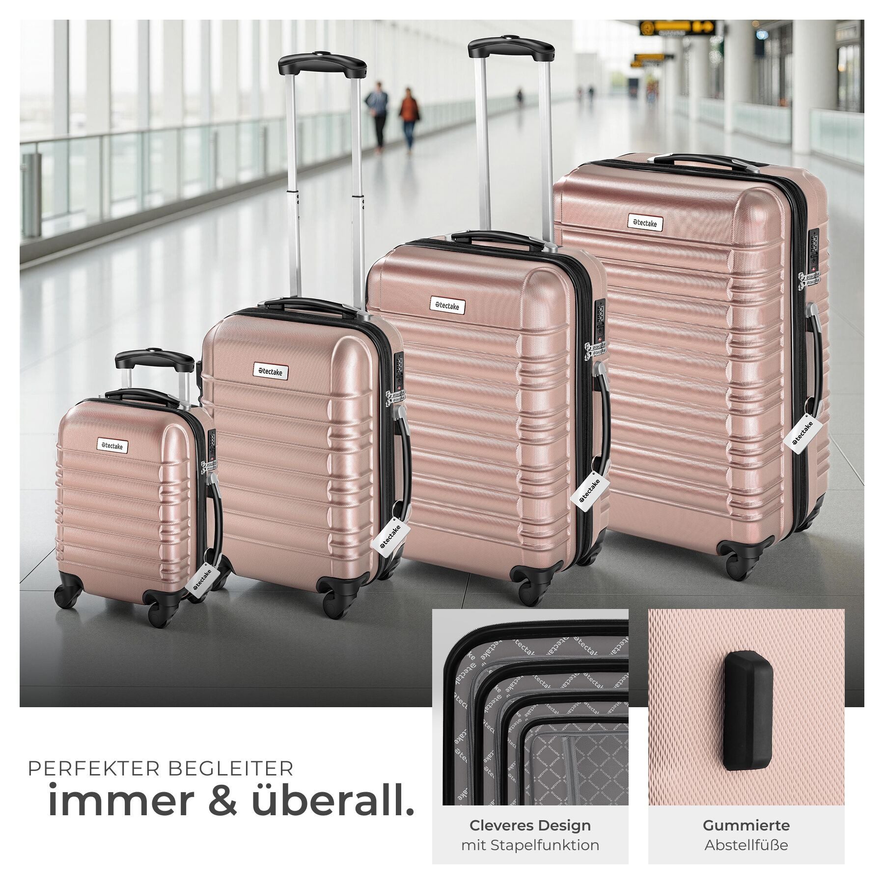 tectake Trolley Hartschalenkoffer-Set, 4 Rollen, 4-teilig aus robustem ABS-Kunststoff inkl. Kofferwaage und -anhänger