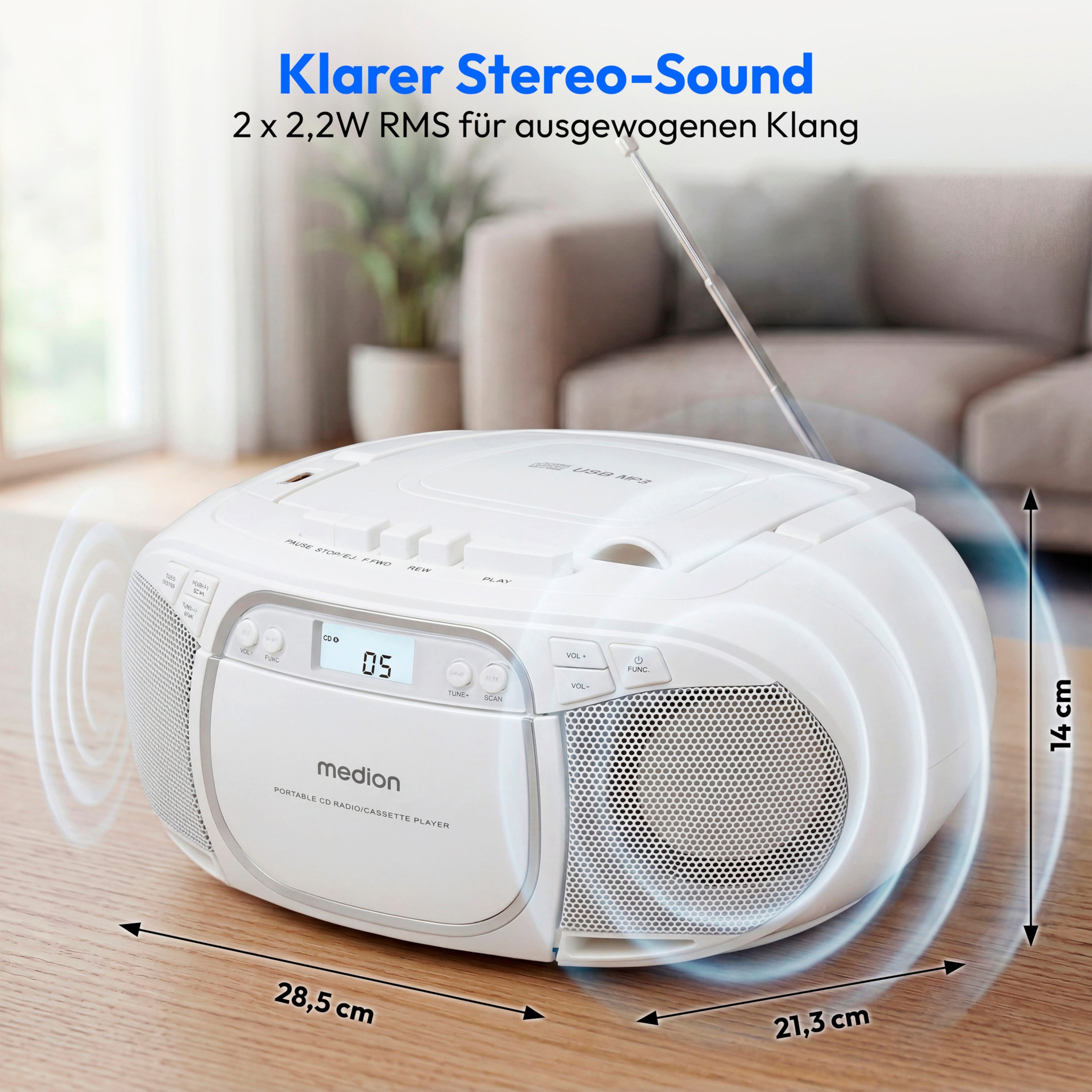 Medion® Kassetten Player (An/Aus Anzeige, Audiokassetten, AUX-Eingang, Batteriebetrieben, CD-Player, CD-R-Wiedergabe, CD-RW-Wiedergabe, FM-Radio, Digitalanzeige, Kassettenwiedergabe, USB, Tragbar, Stereo, Radio, MP3 CD-Wiedergabe, On/Off Switch, MW/UKW Radio, Netzbetrieben, Lautstärkeregelung, 2x 20W max., LC-Display, 30 Senderspeichern, USB)