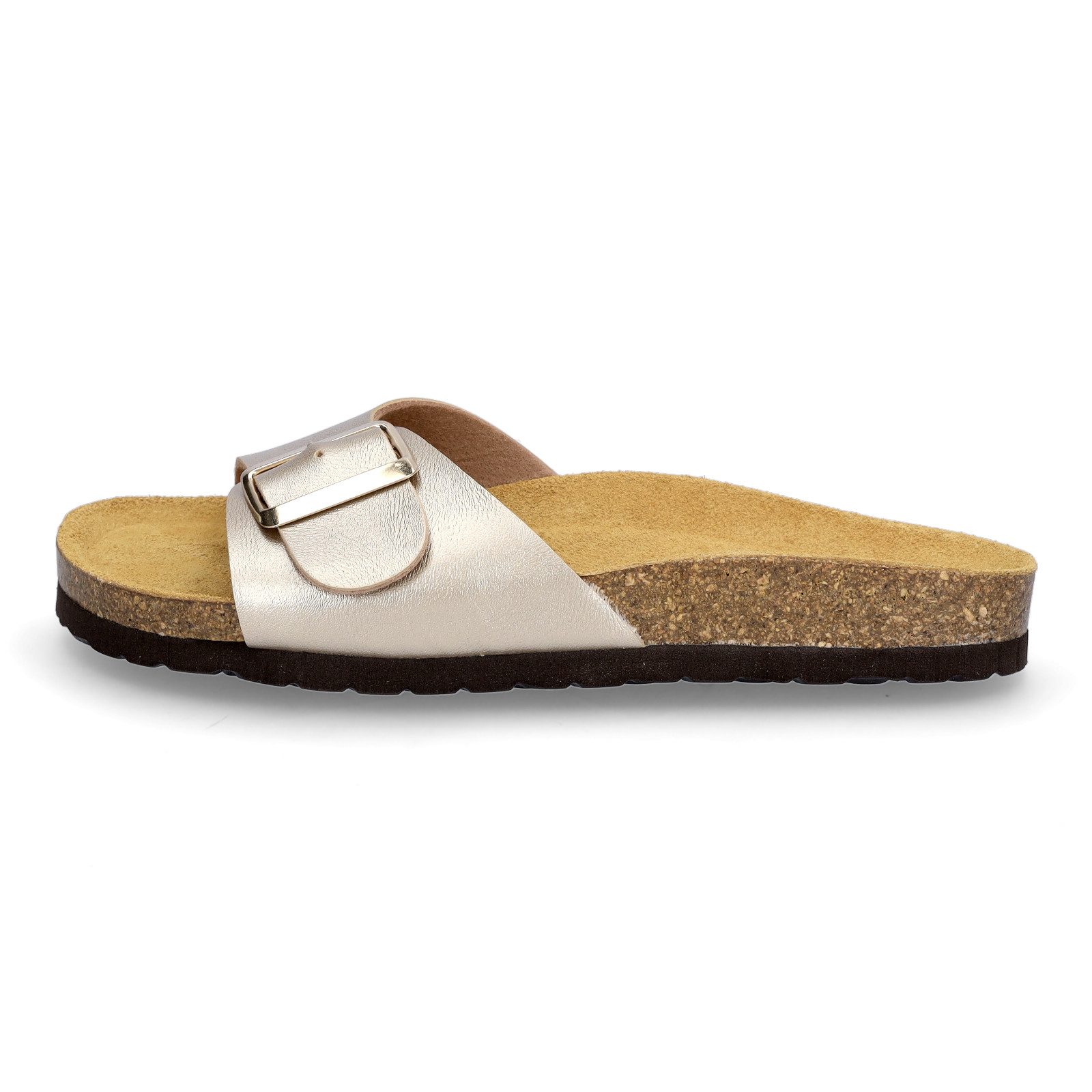 MIDS MONA Damen Pantolette gold, Einriemer mit Lederfußbett, Korksohle und verstellbarer Schnalle