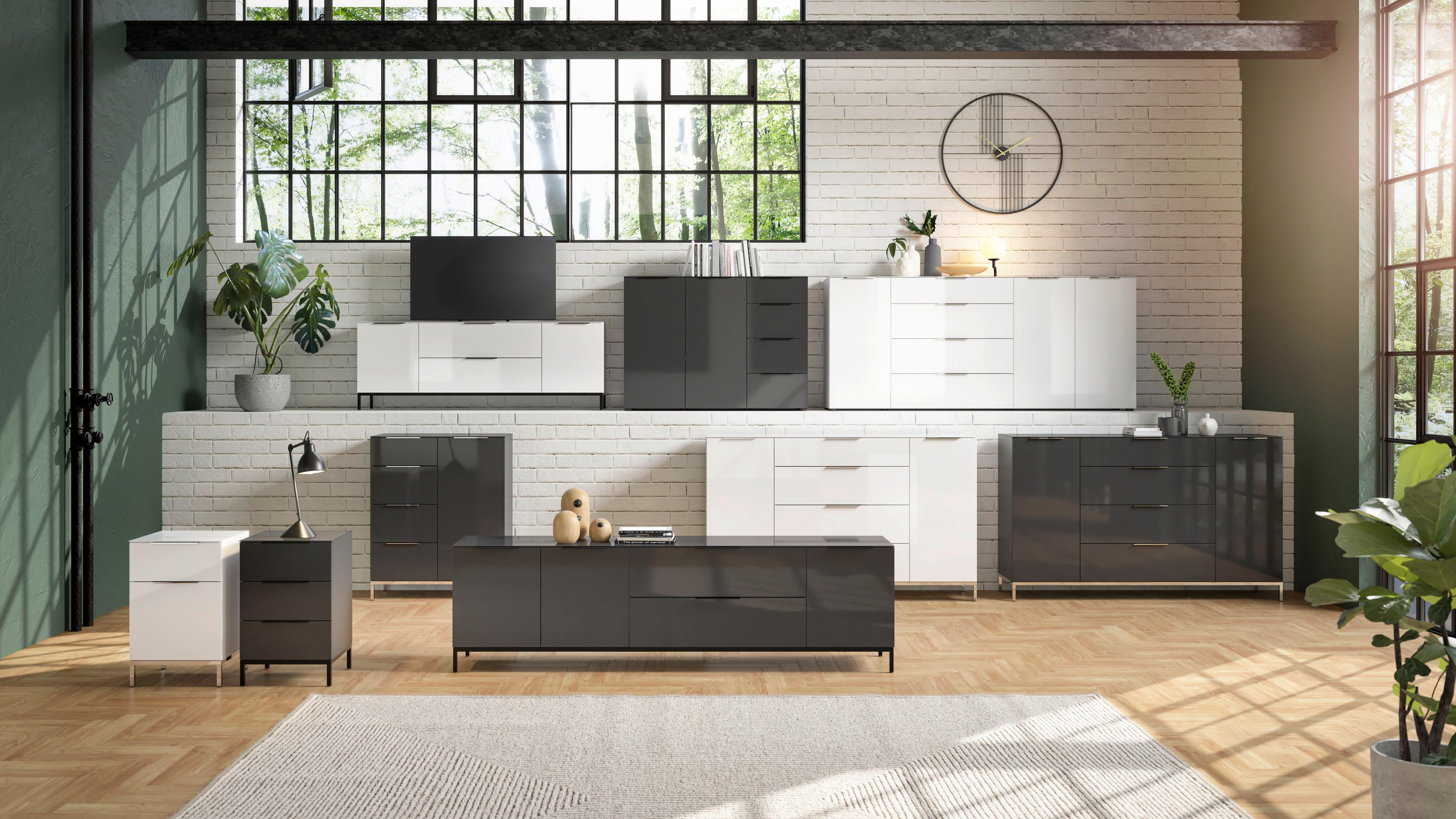 Manjana Möbel Kommode Style, mit Glasfronten, mit Metallgriffen, melaminbeschichtet