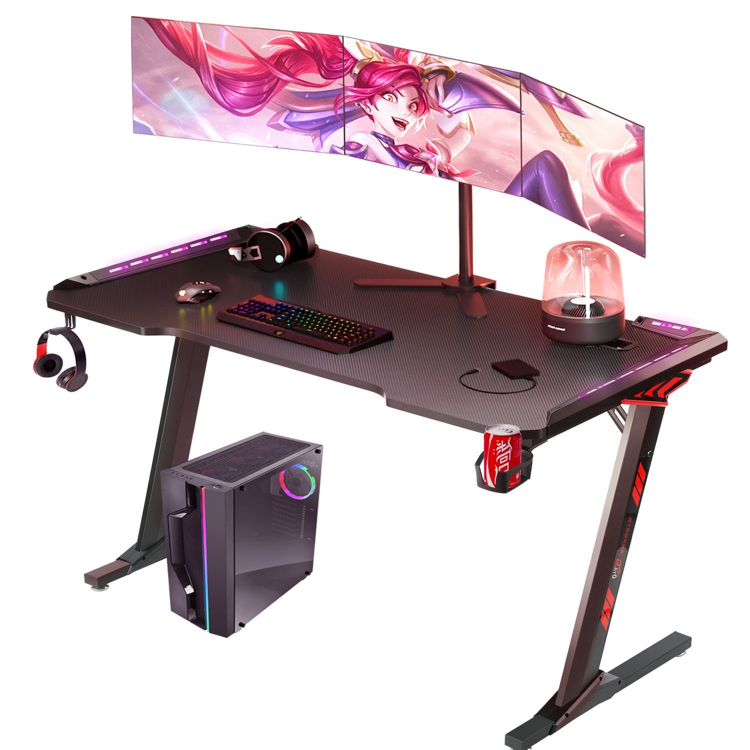 oyajia Computertisch Gaming-Tisch mit LED,120/140cm Gaming Schreibtisch Gamer Computertisch, Gamingtisch mit USB-Anschluss, Getränkehalter und Kopfhörerhalter 140cm x 60cm x 74 cm